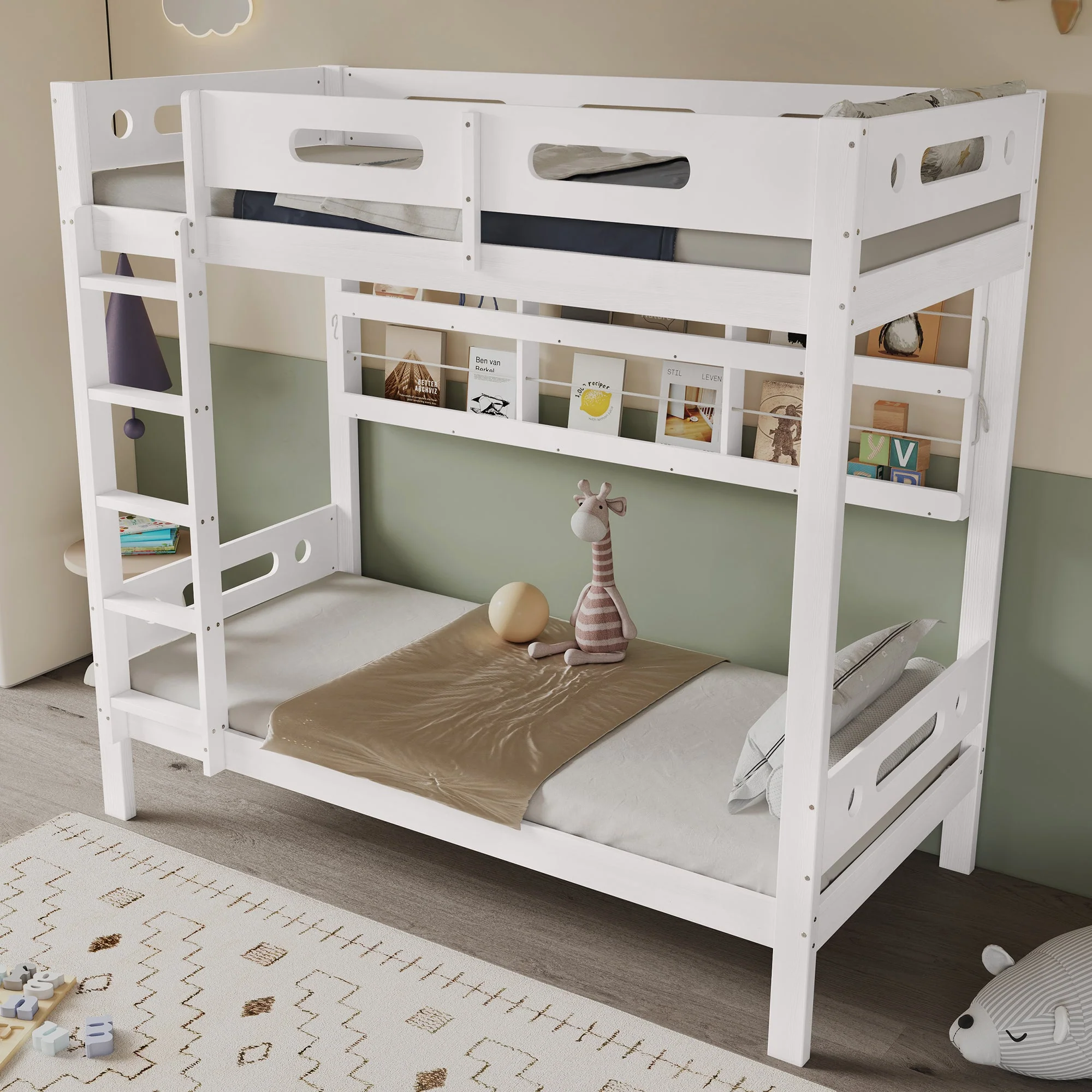 Bunk Bed, Children's with Safety Gate, Open Shelf, 5-Step Ladder, Pine + MDF White, 90x200cm - Image 3