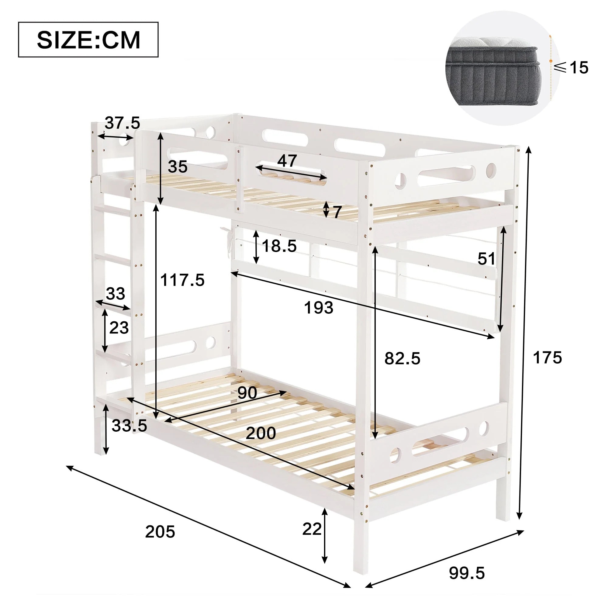 Bunk Bed, Children's with Safety Gate, Open Shelf, 5-Step Ladder, Pine + MDF White, 90x200cm - Image 5