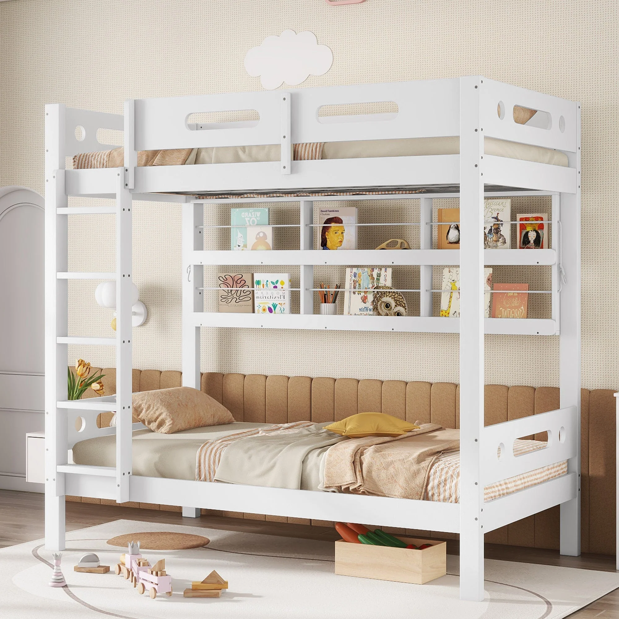 Bunk Bed, Children's with Safety Gate, Open Shelf, 5-Step Ladder, Pine + MDF White, 90x200cm - Image 8