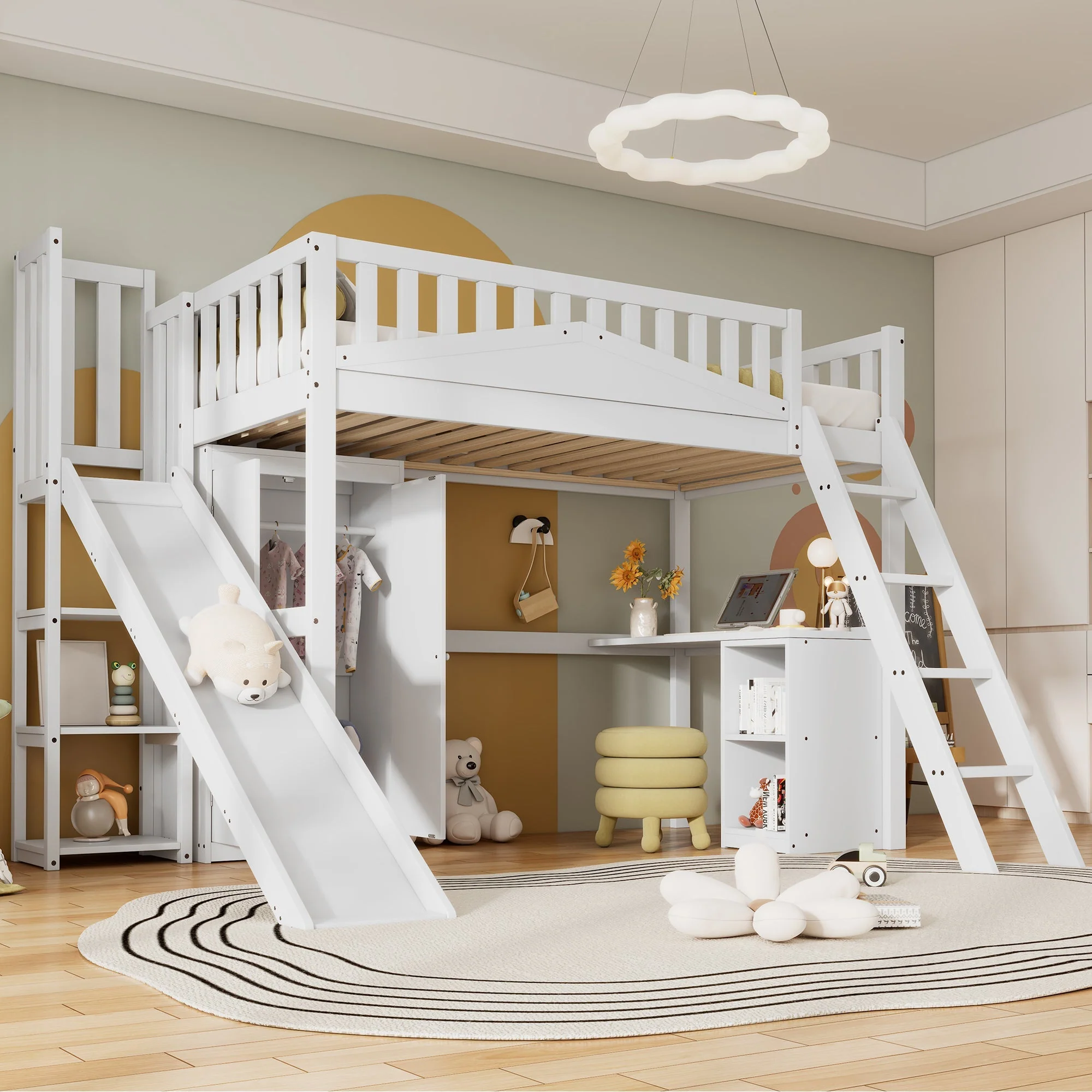 Bunk Bed, Children's with Safety Gate, Table, Wardrobe & Ladder, Pine+MDF+Plywood, White, 90x200cm - Image 2