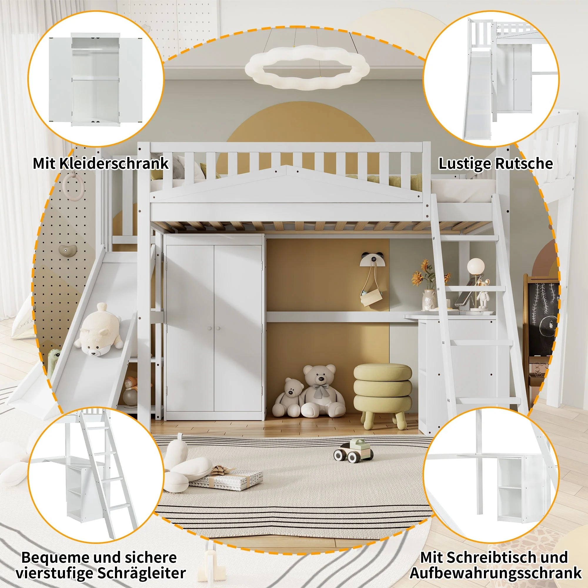 Bunk Bed, Children's with Safety Gate, Table, Wardrobe & Ladder, Pine+MDF+Plywood, White, 90x200cm - Image 7