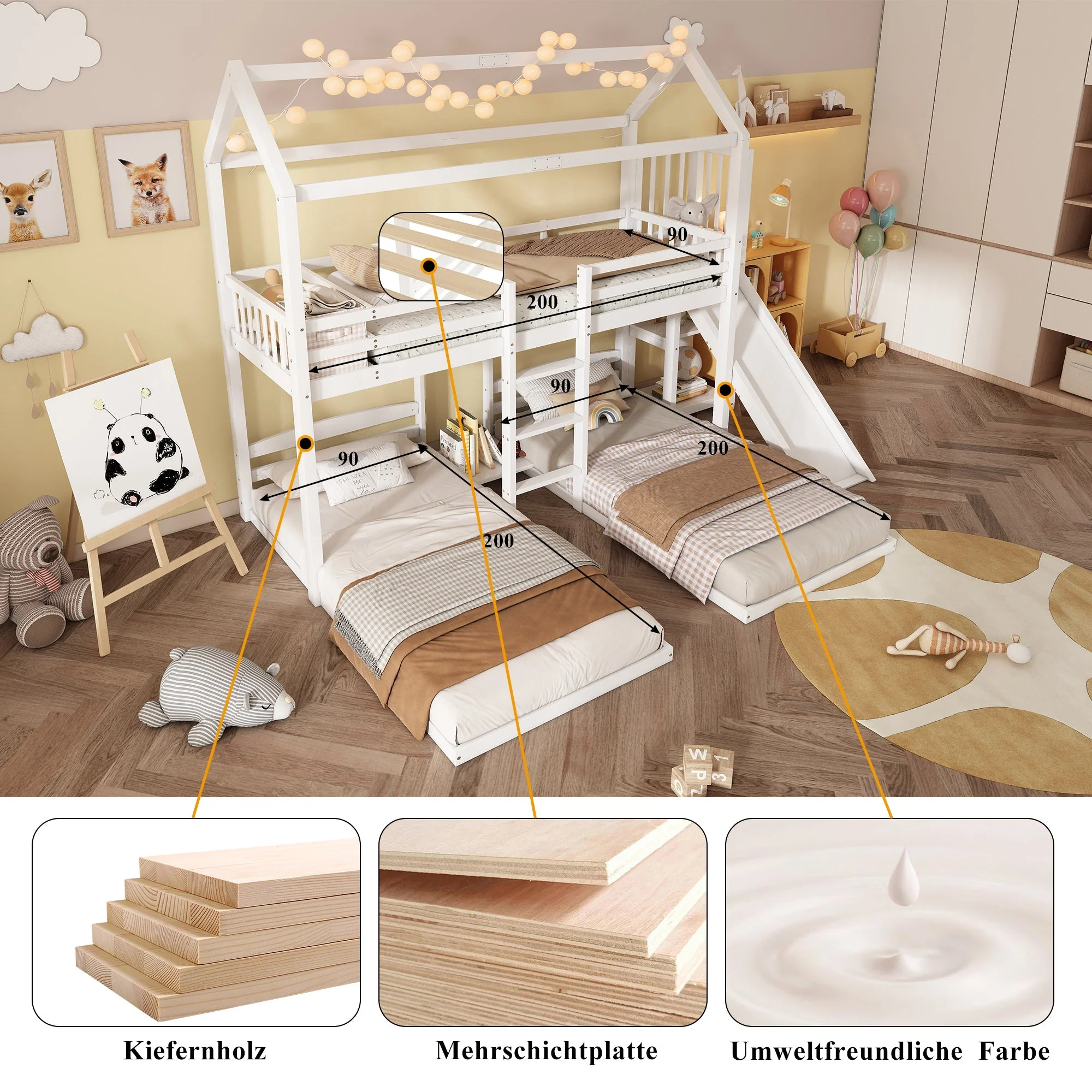 Bunk Bed, Children's with Slide, Roof Design, Three-Sleeper, Storage, Pine + MDF, White - Image 5