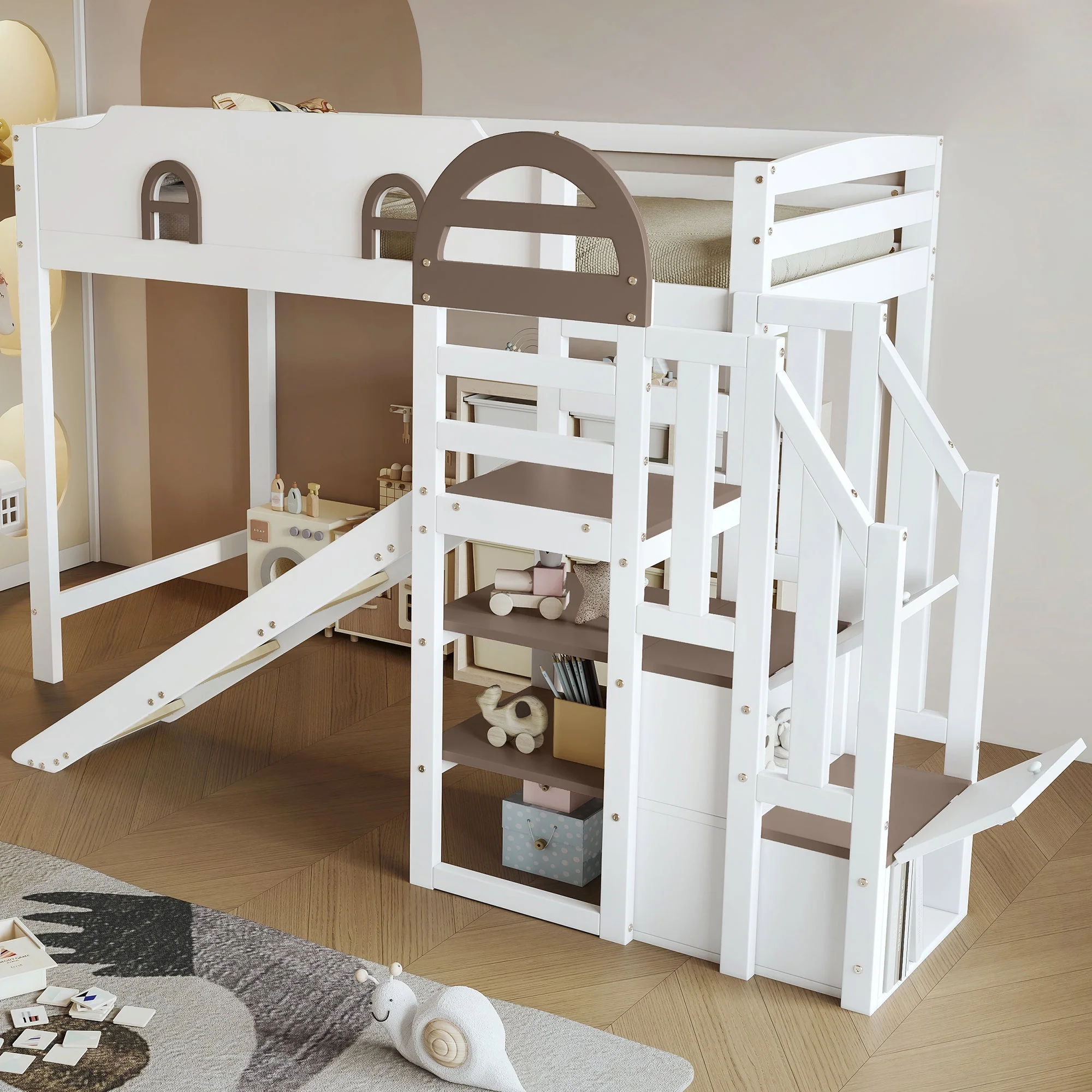 Bunk Bed, Children's with Window, Slide, Stairs & Storage, Pine + MDF, White + Brown, 90 x 200 cm - Image 3