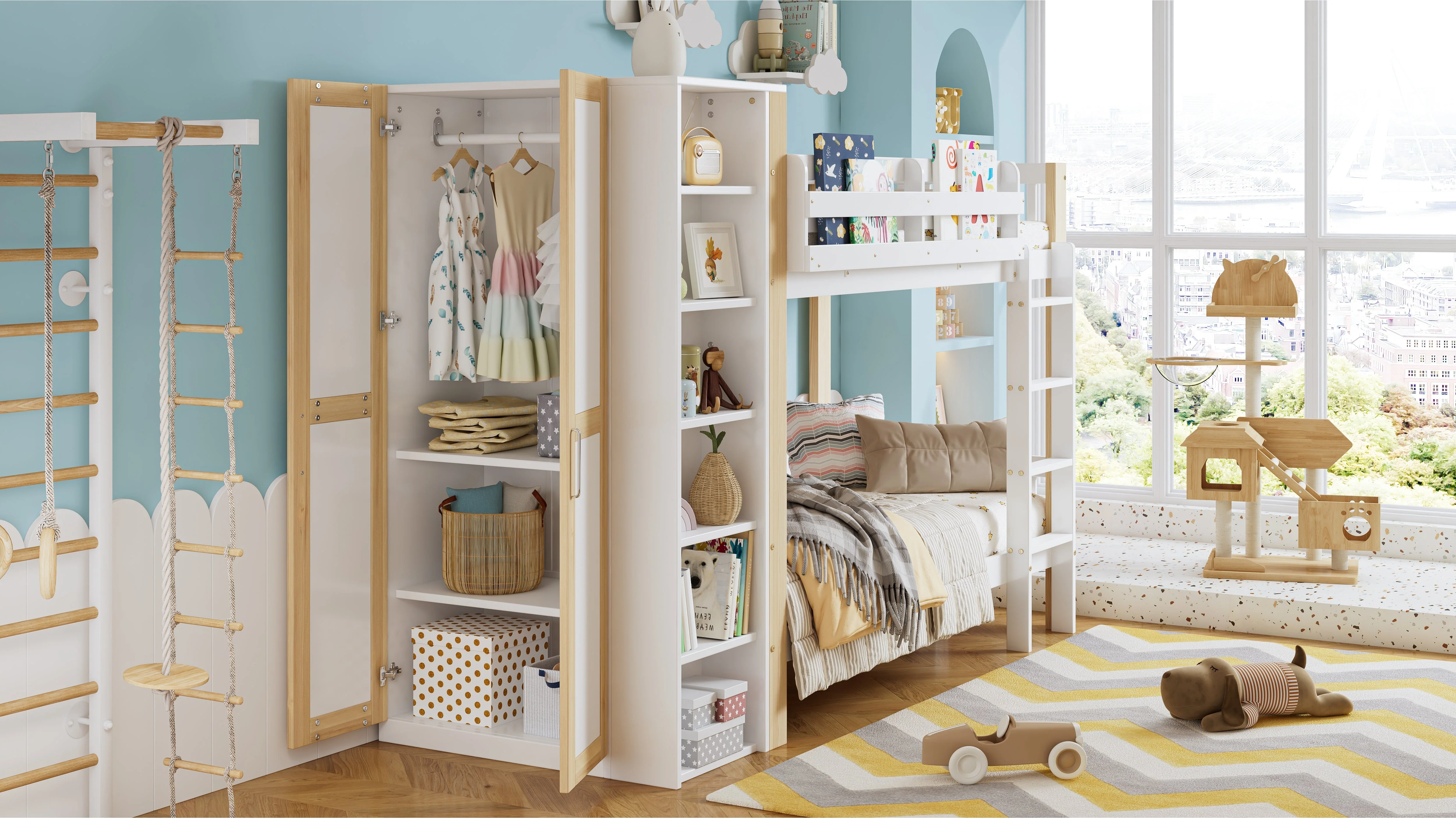 Bunk Bed, Child's with Ladder, Storage & Wardrobe, Pine+PB White+Natural - Image 10