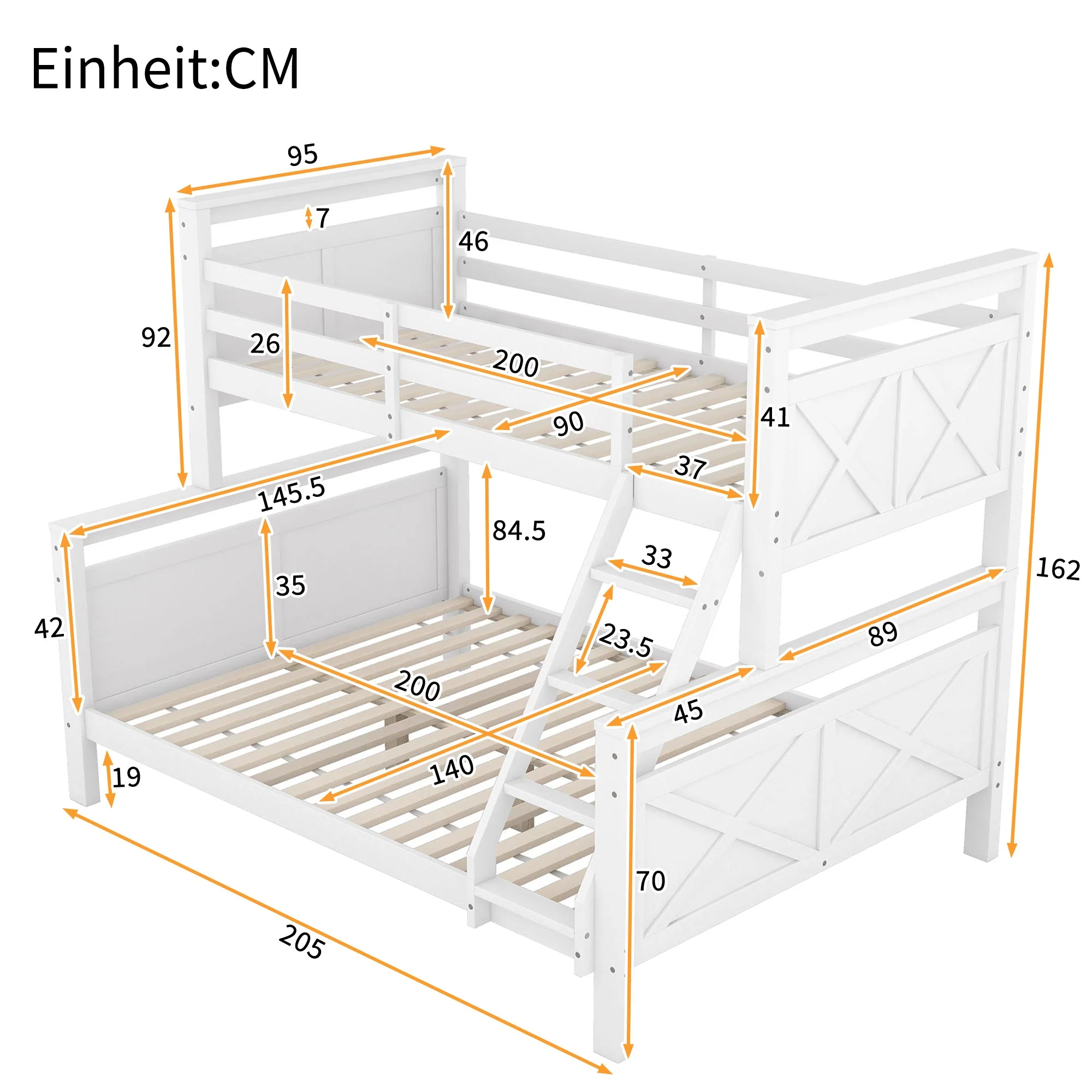 Bunk Bed Convertible to 2 Separate Beds Ladder Railing 90(140)x200cm - White Wood - Image 8