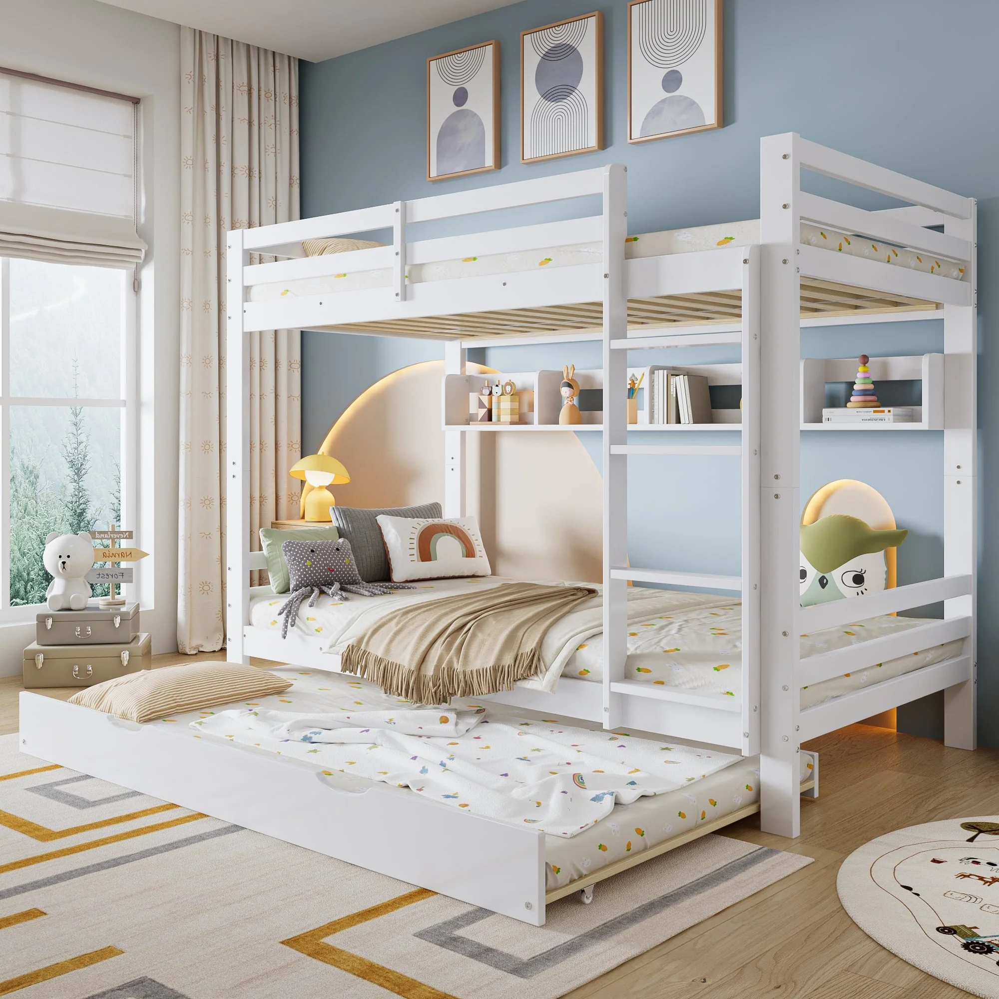 Bunk Bed Extendable with Shelves, Slats, Ladder, Pine/MDF/Plywood, White, 90x200cm - Image 2