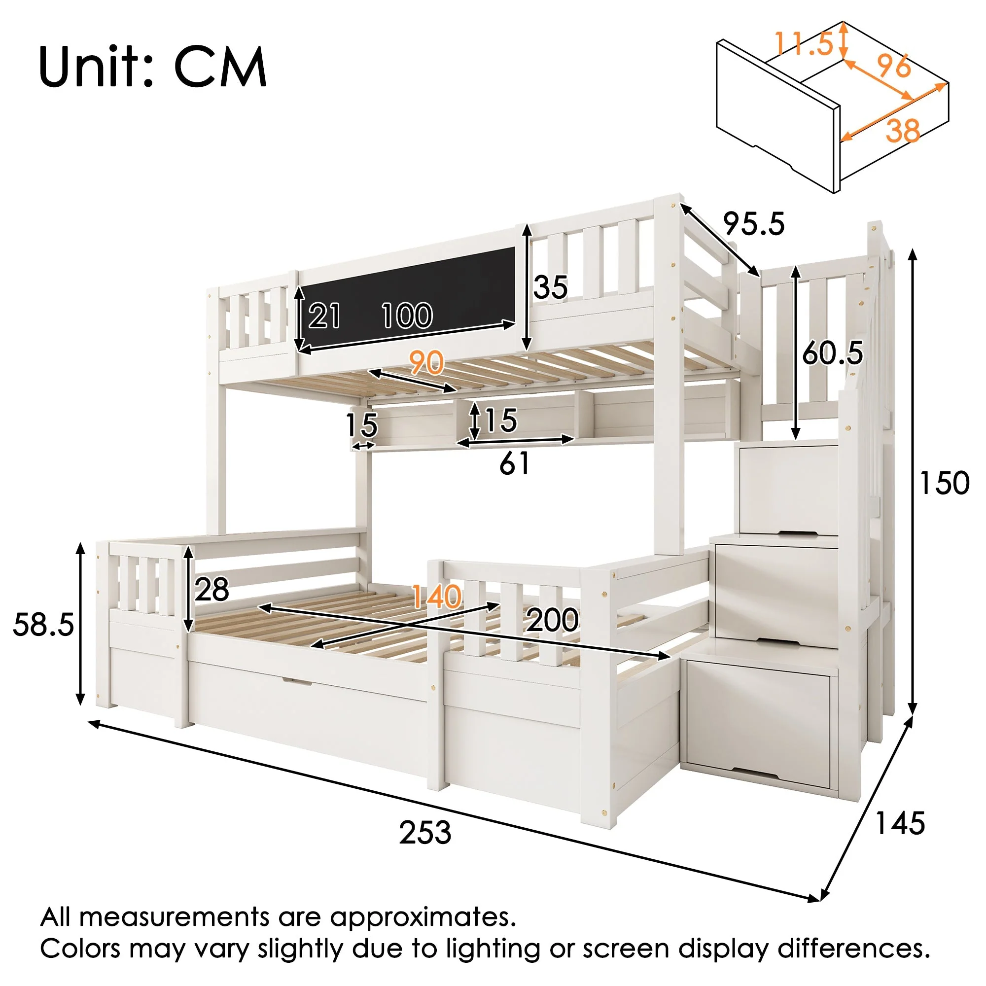 Bunk Bed for 3 Children with Chalkboard, Storage Stairs and Drawers, White Solid Wood - Image 2