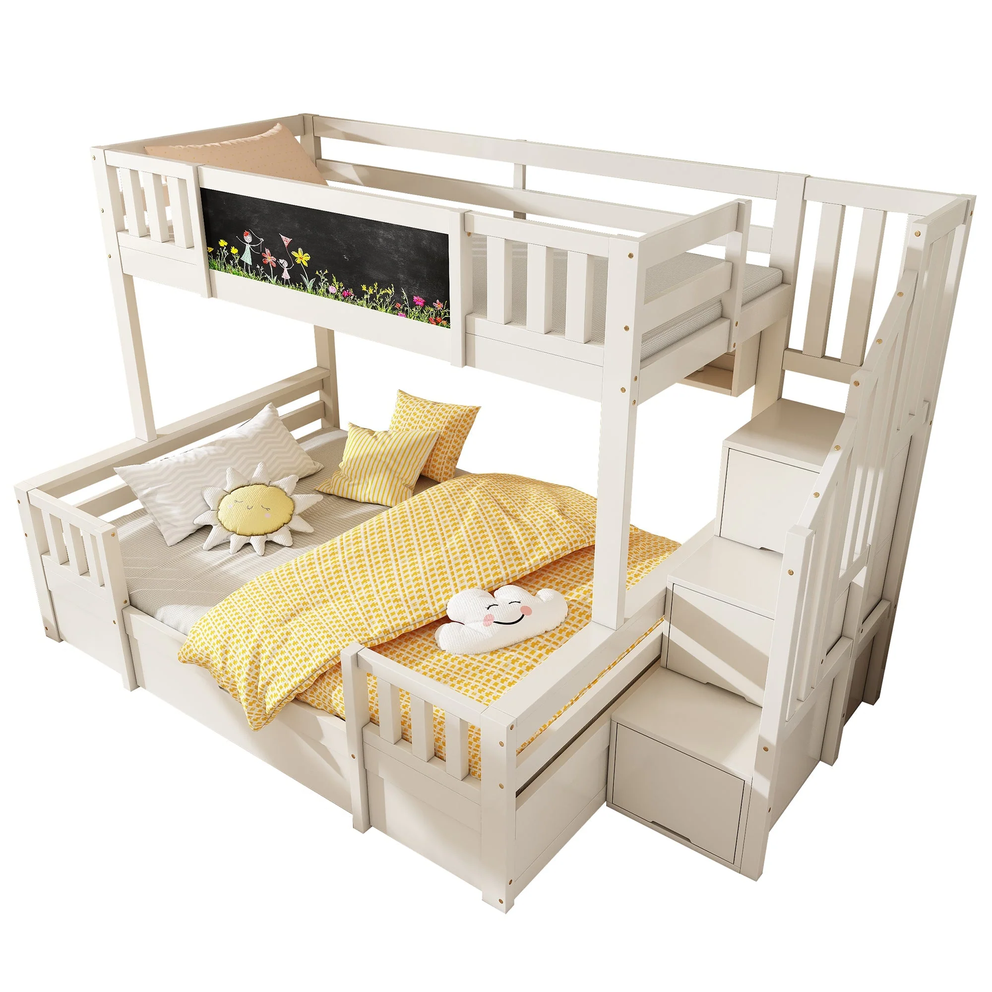 Bunk Bed for 3 Children with Chalkboard, Storage Stairs and Drawers, White Solid Wood - Image 3