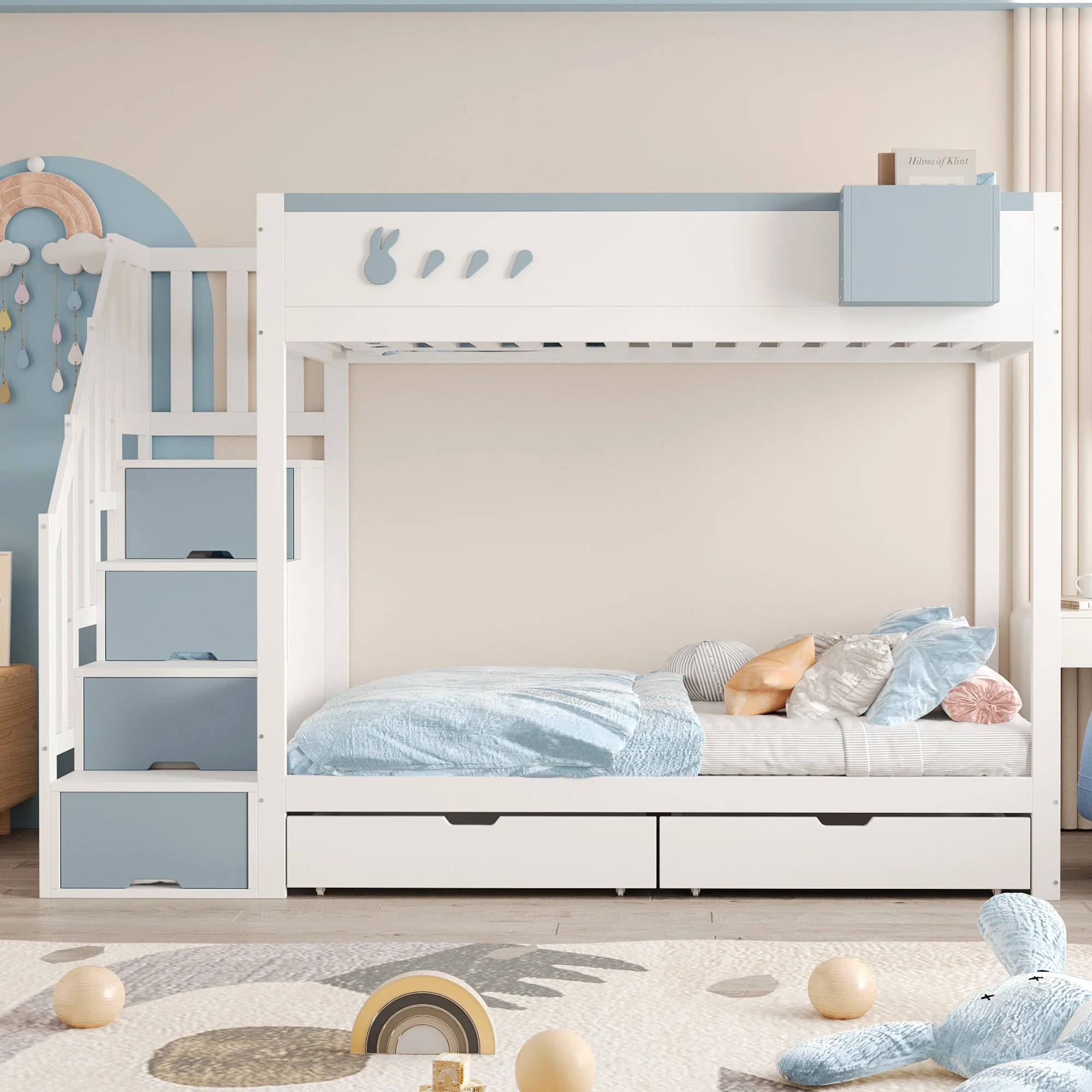 Bunk Bed for Children 90x200cm Double Bed Ladder Storage Drawers Rabbit/Carrot Motifs White + Blue
