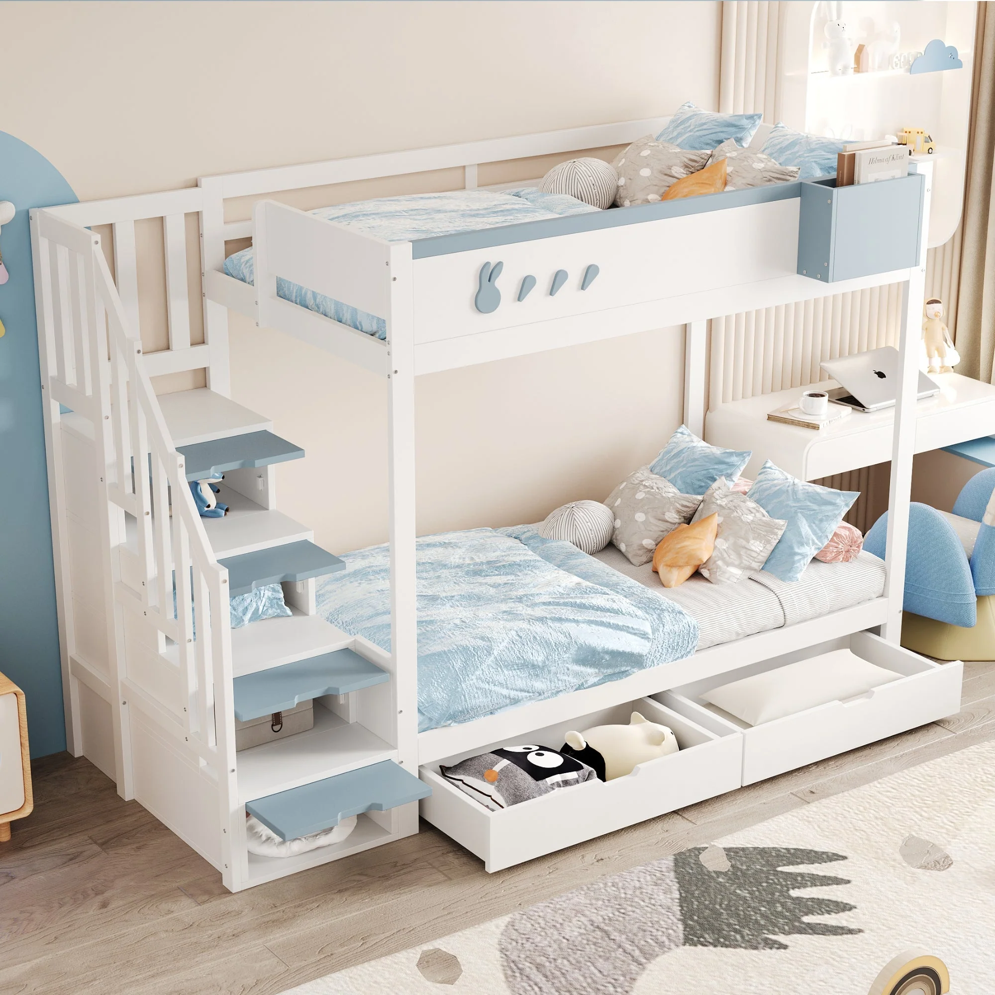 Bunk Bed for Children 90x200cm Double Bed Ladder Storage Drawers Rabbit/Carrot Motifs White + Blue - Image 2