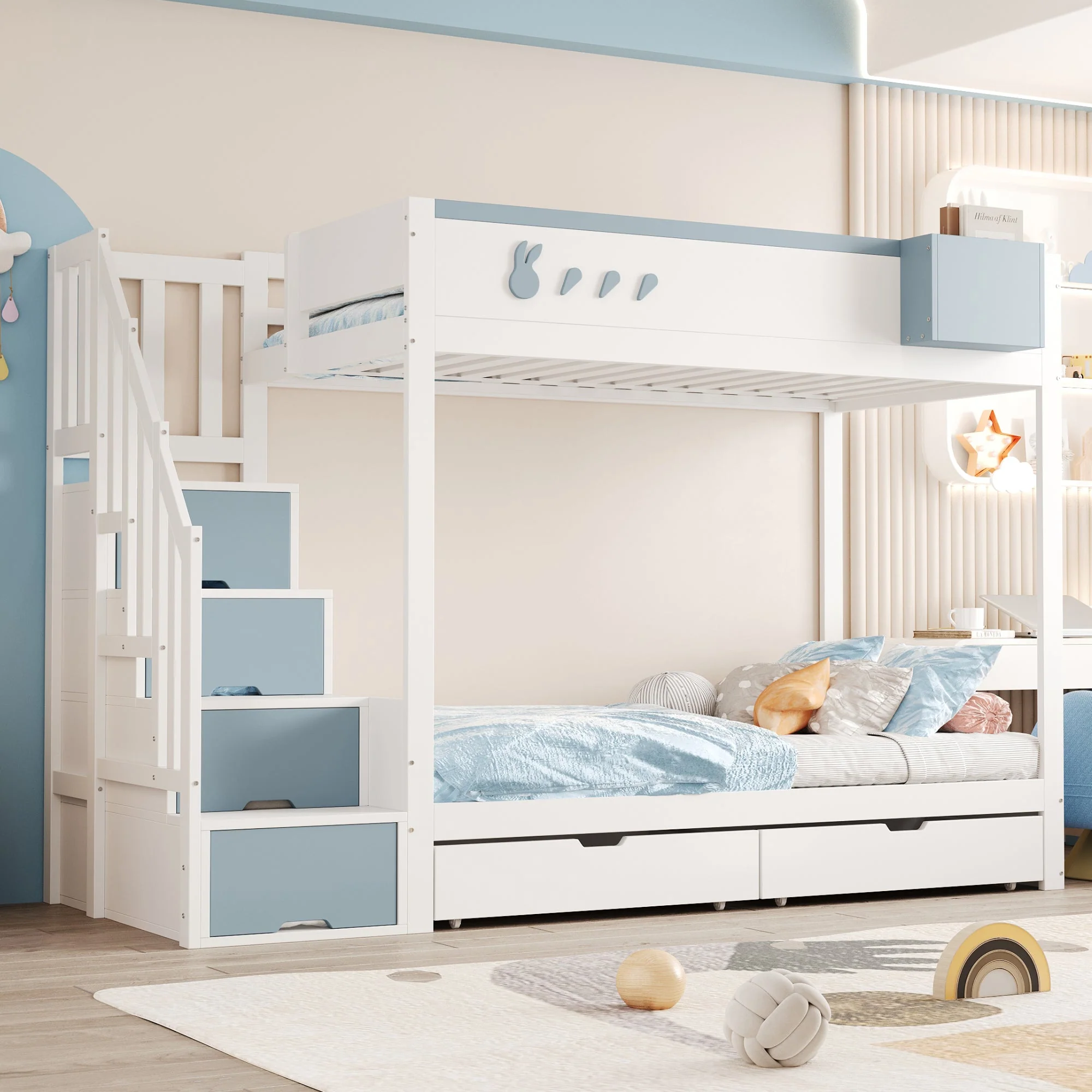 Bunk Bed for Children 90x200cm Double Bed Ladder Storage Drawers Rabbit/Carrot Motifs White + Blue - Image 3