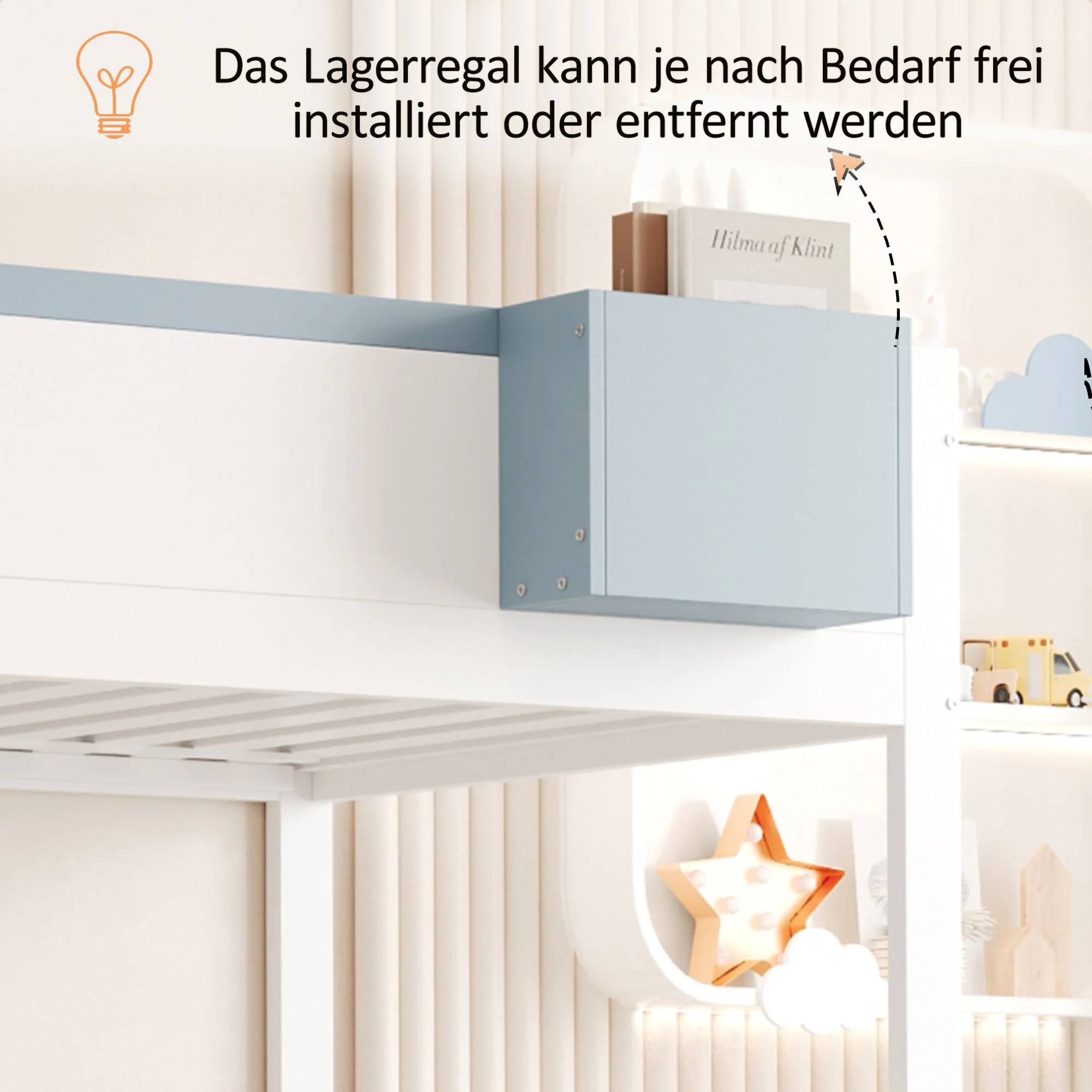 Bunk Bed for Children 90x200cm Double Bed Ladder Storage Drawers Rabbit/Carrot Motifs White + Blue - Image 4