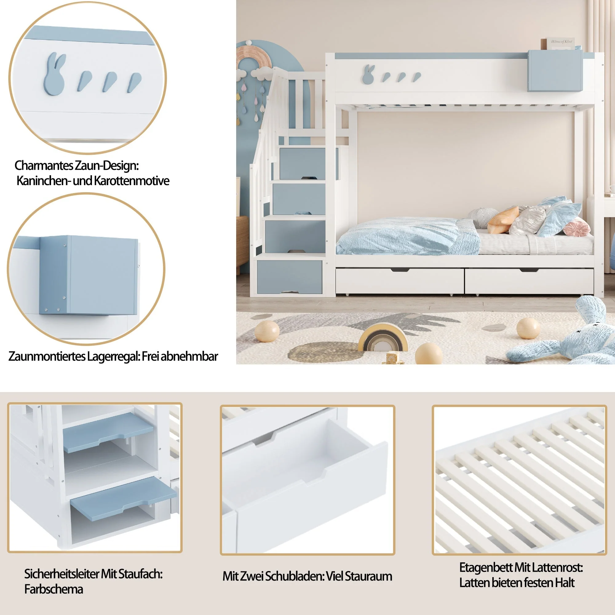 Bunk Bed for Children 90x200cm Double Bed Ladder Storage Drawers Rabbit/Carrot Motifs White + Blue - Image 5