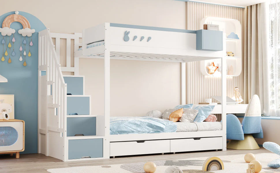 Bunk Bed for Children 90x200cm Double Bed Ladder Storage Drawers Rabbit/Carrot Motifs White + Blue - Image 6