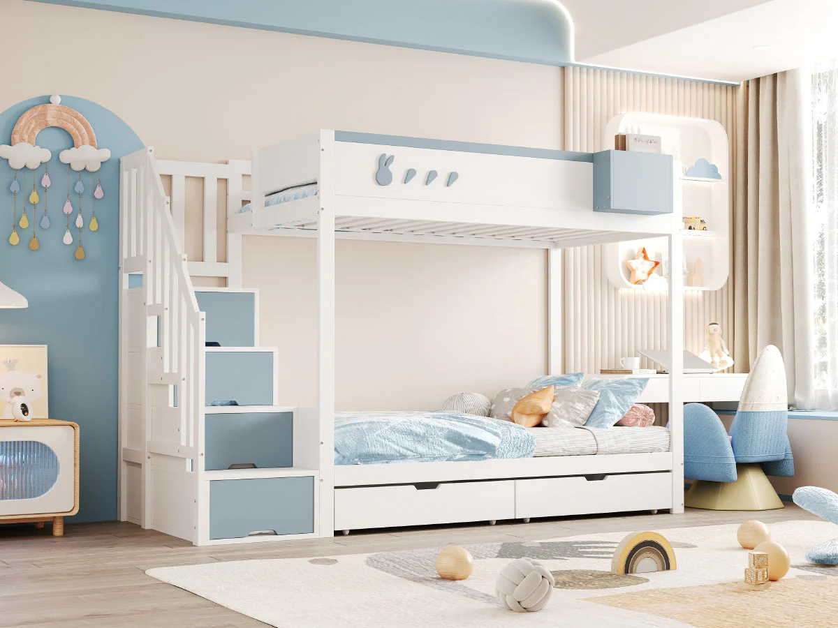 Bunk Bed for Children 90x200cm Double Bed Ladder Storage Drawers Rabbit/Carrot Motifs White + Blue - Image 7