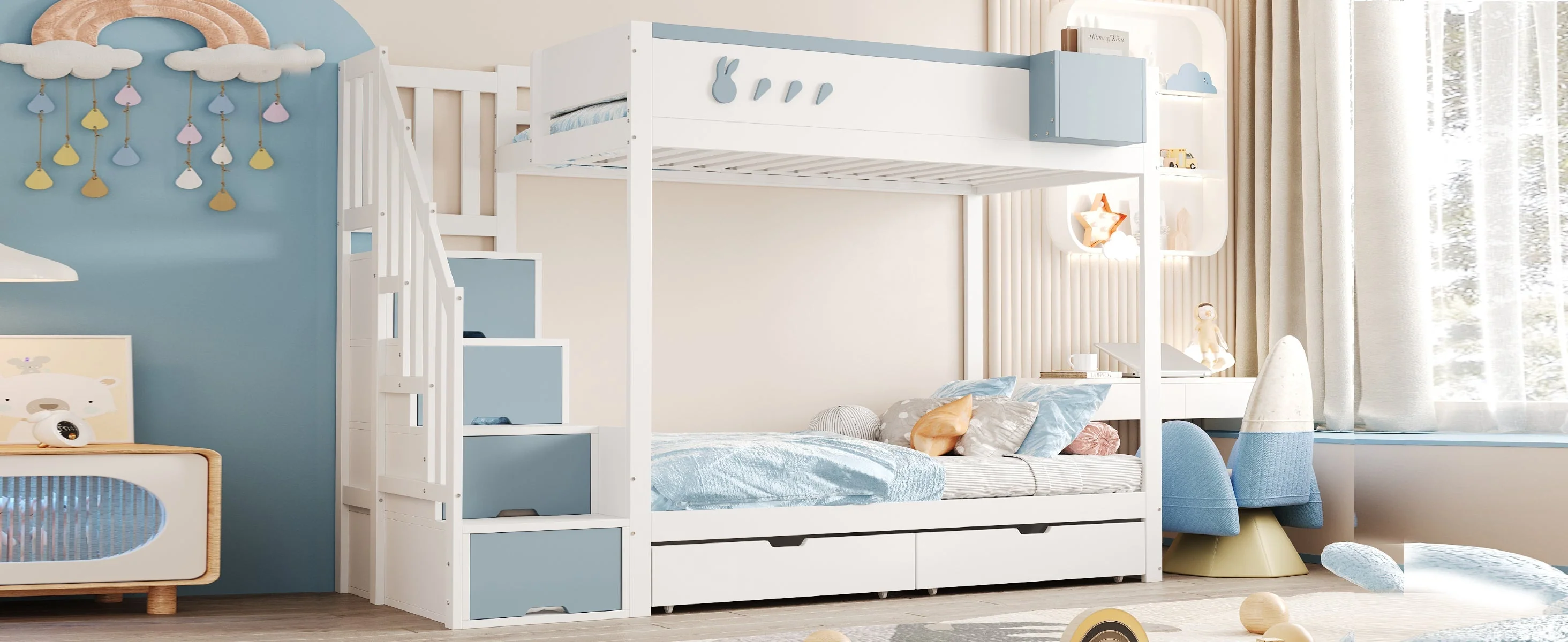 Bunk Bed for Children 90x200cm Double Bed Ladder Storage Drawers Rabbit/Carrot Motifs White + Blue - Image 8