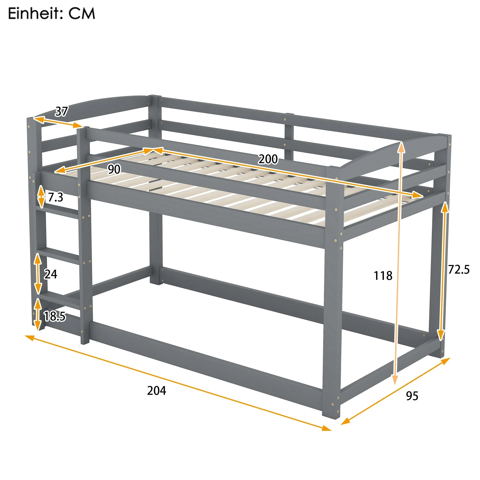 Bunk Bed for Children, Solid Pine Frame 90x200cm, Grey - Image 5