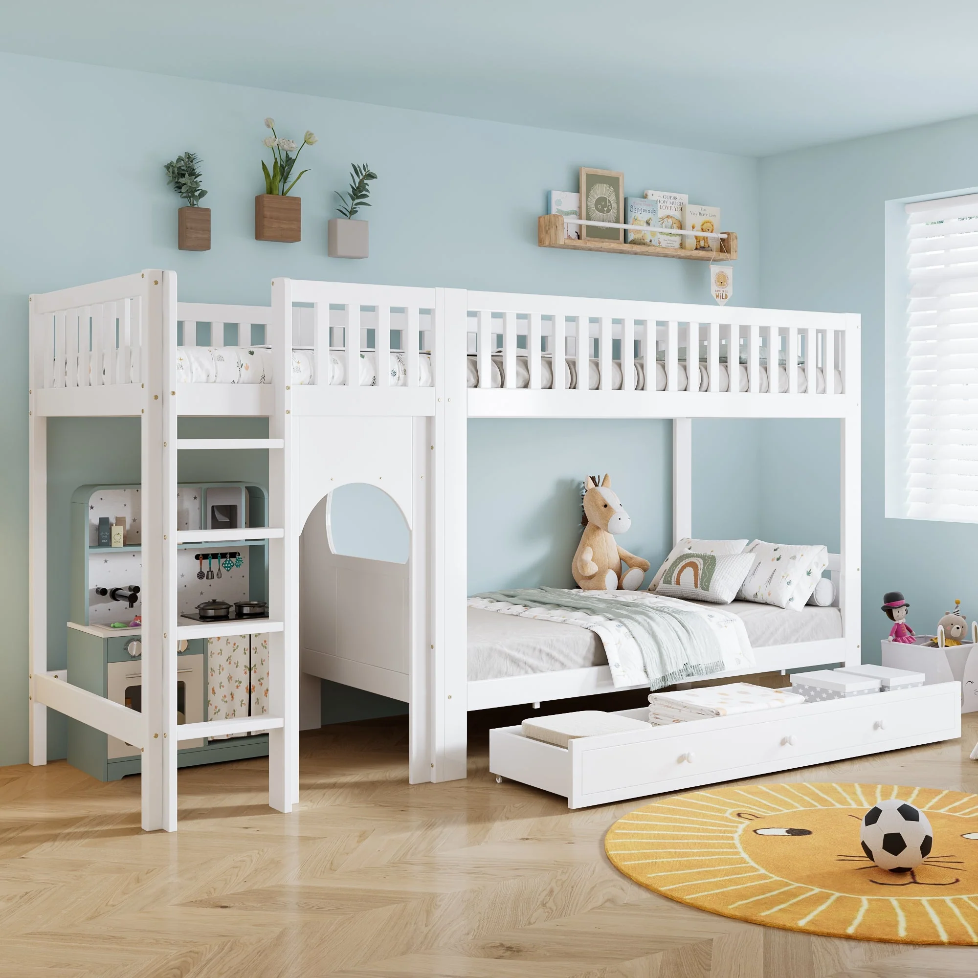 Bunk Bed for Children with Straight Ladder and Safety Railings, 90x200cm, White Pine + MDF - Image 5