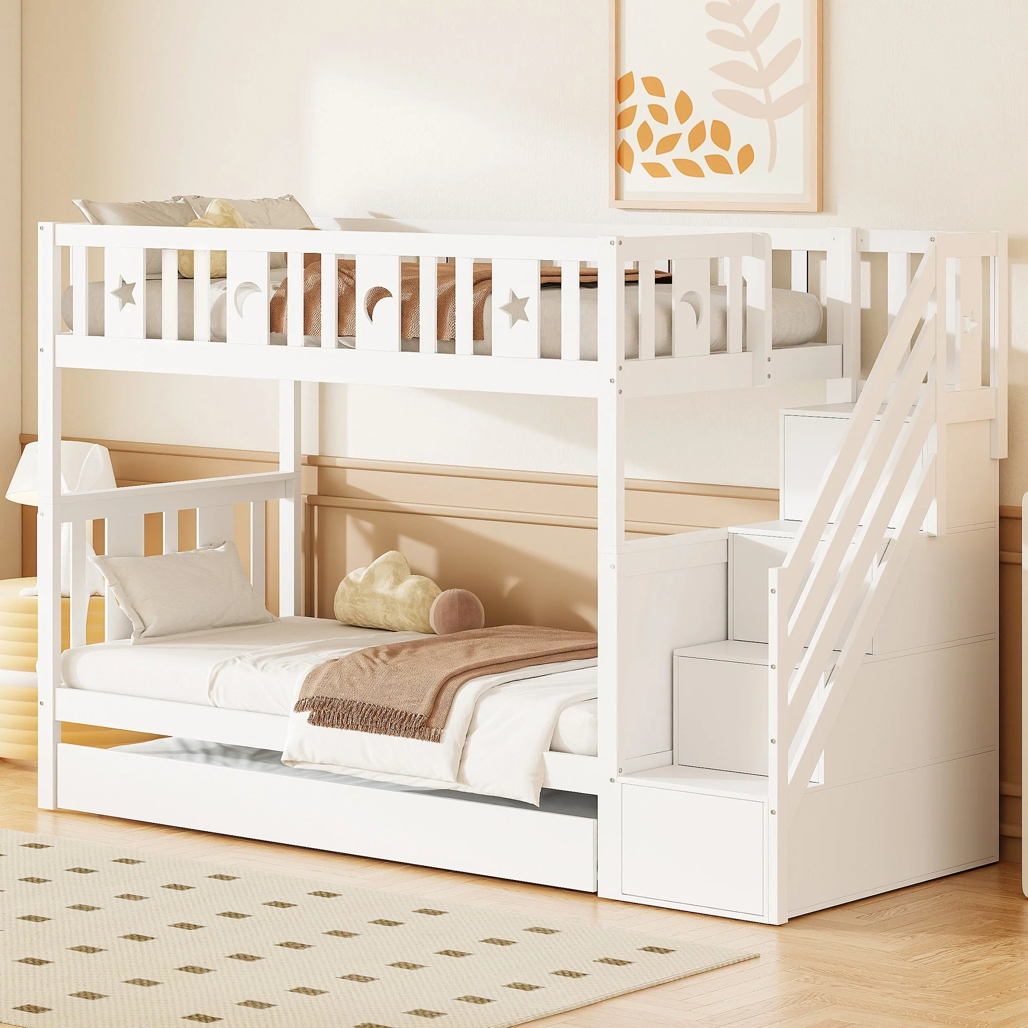 Bunk Bed for Kids with Pull-Out Bed and Storage Stairs, White - Image 3