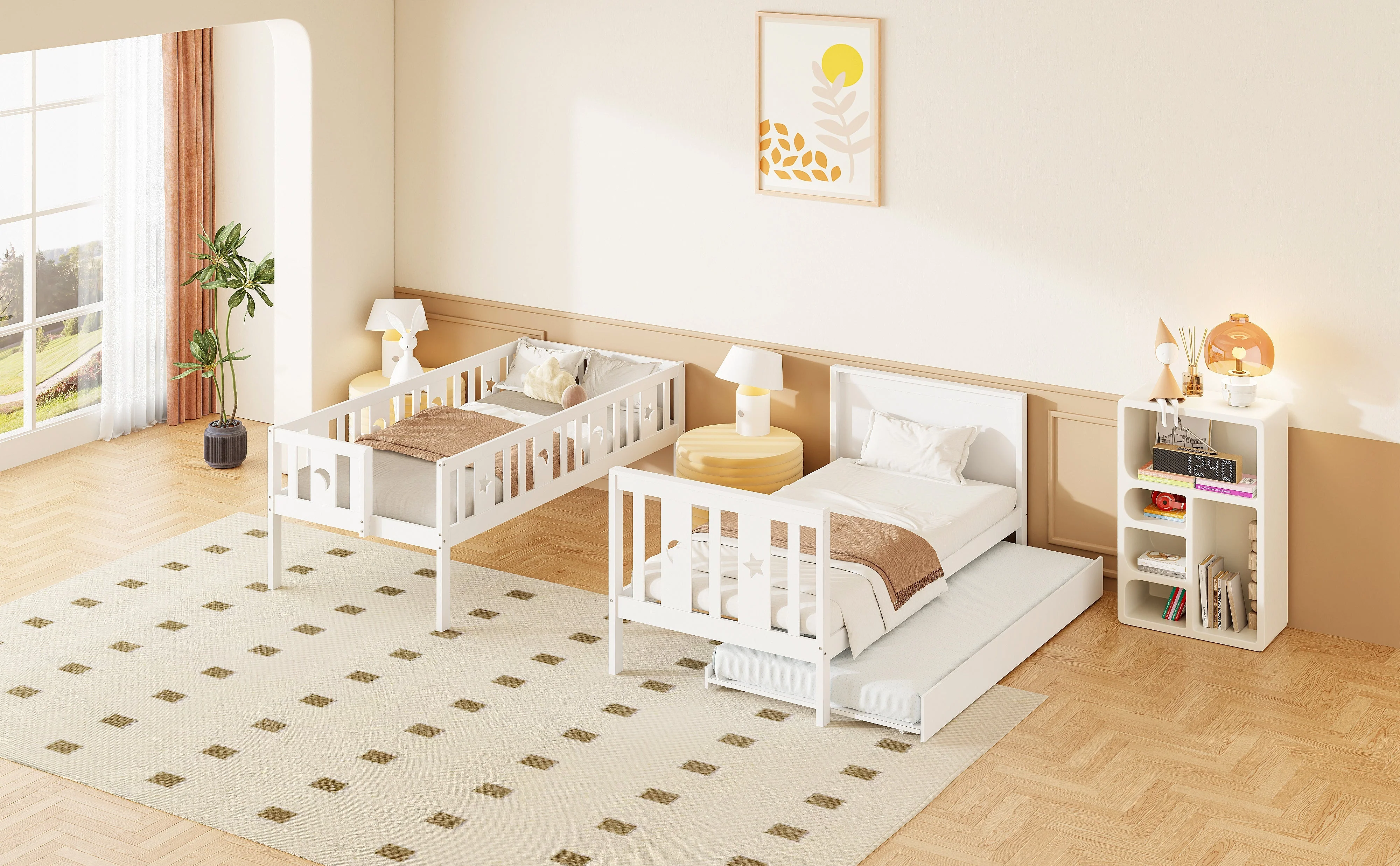 Bunk Bed for Kids with Pull-Out Bed and Storage Stairs, White - Image 9