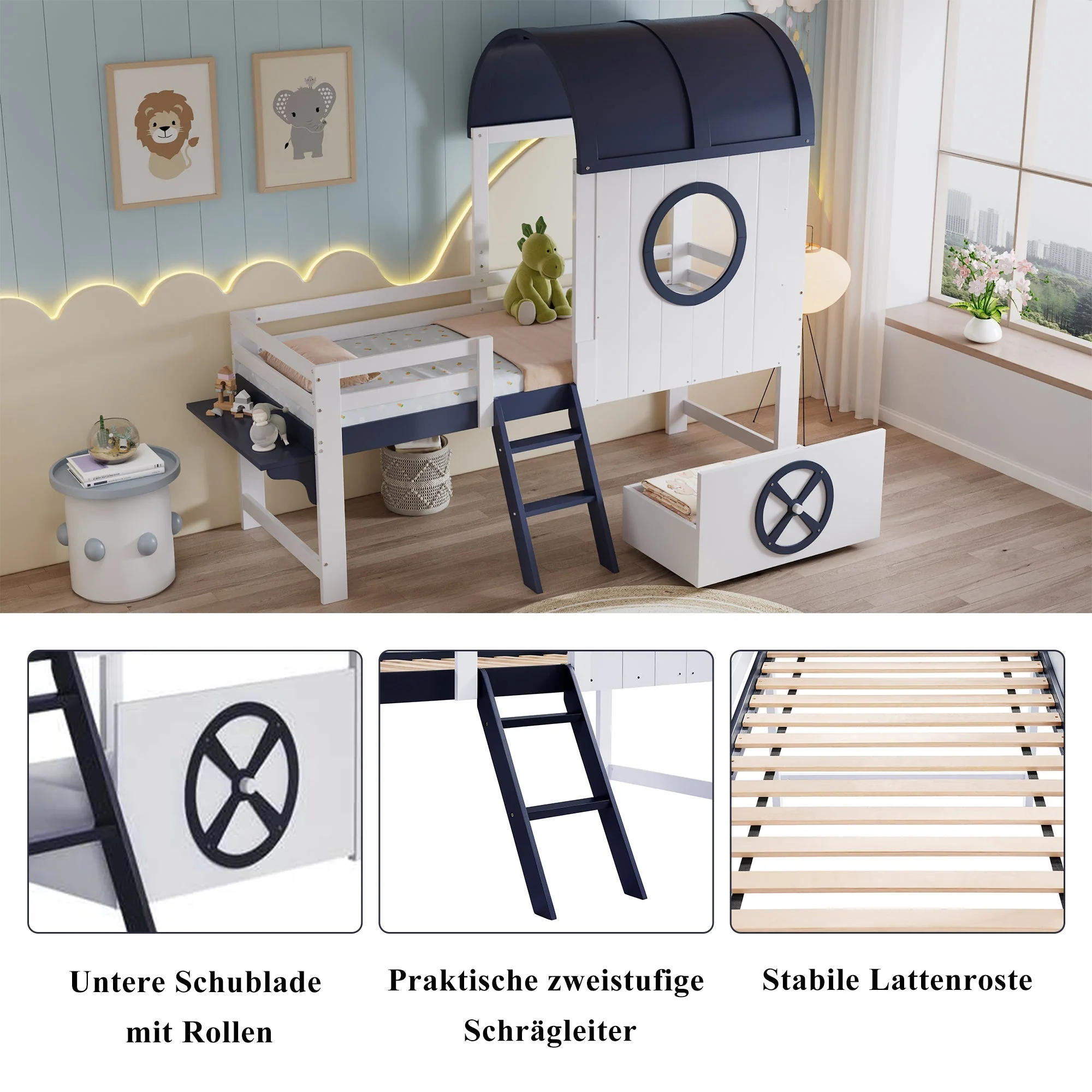 Bunk Bed, Half-Height Kids Bed with Roof, Window, Drawer & Ladder, Pine + MDF + Plywood, White + Dark Blue, 90x200cm - Image 6