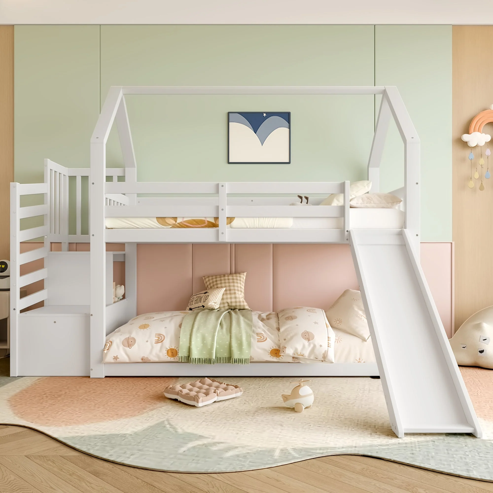 Bunk Bed House 90x200cm Storage Stairs Slide Railing - White - Image 3