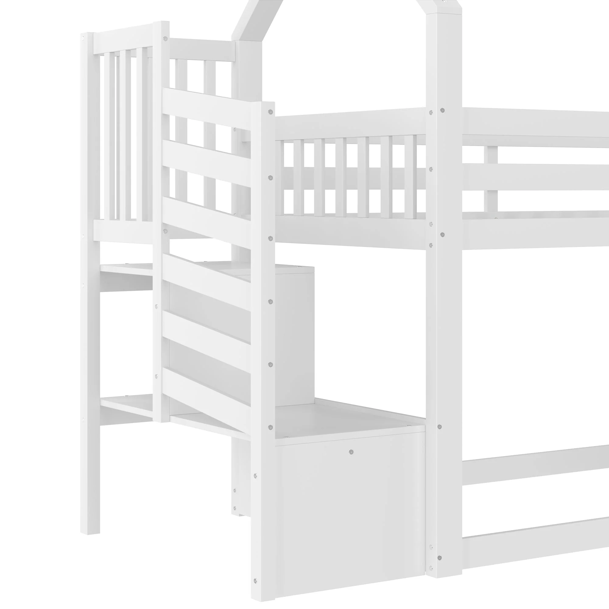 Bunk Bed House 90x200cm Storage Stairs Slide Railing - White - Image 9