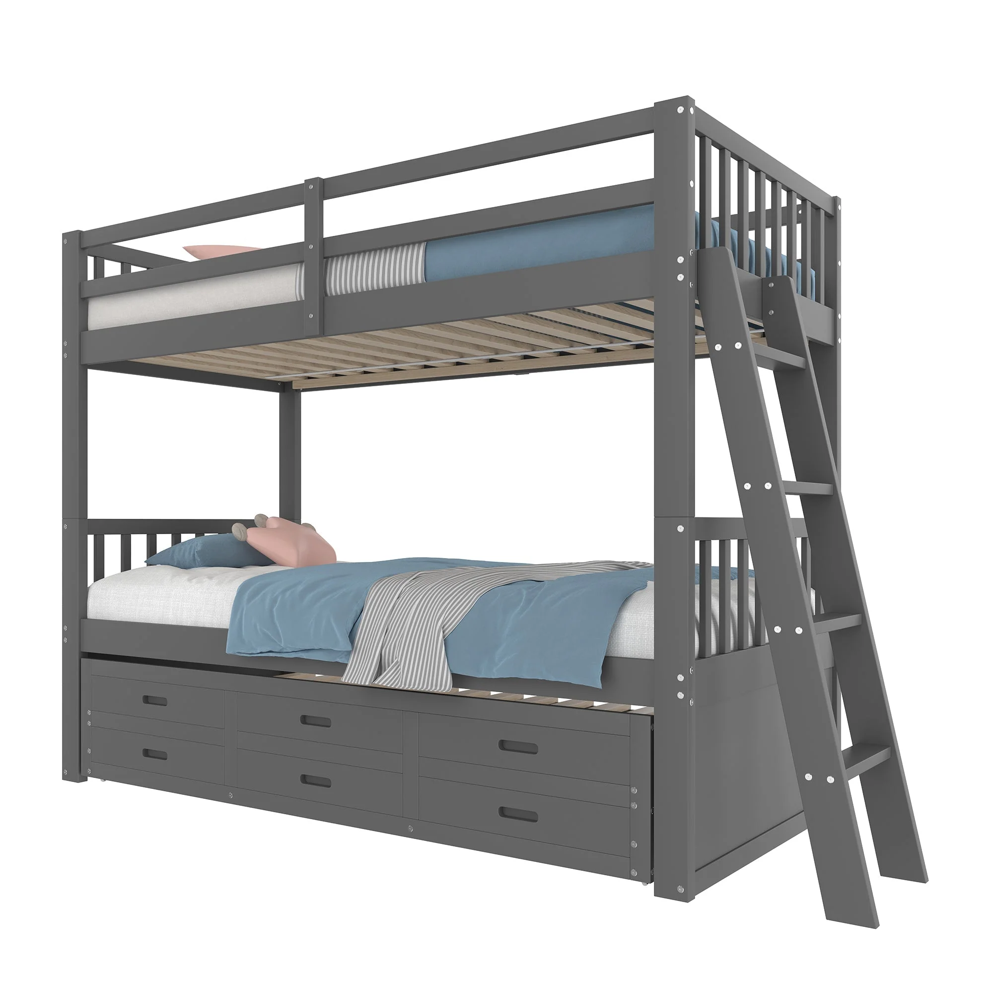 Bunk Bed House Bed 90x200cm Pull-out Bed Ladder and 3 Drawers Grey - Image 6