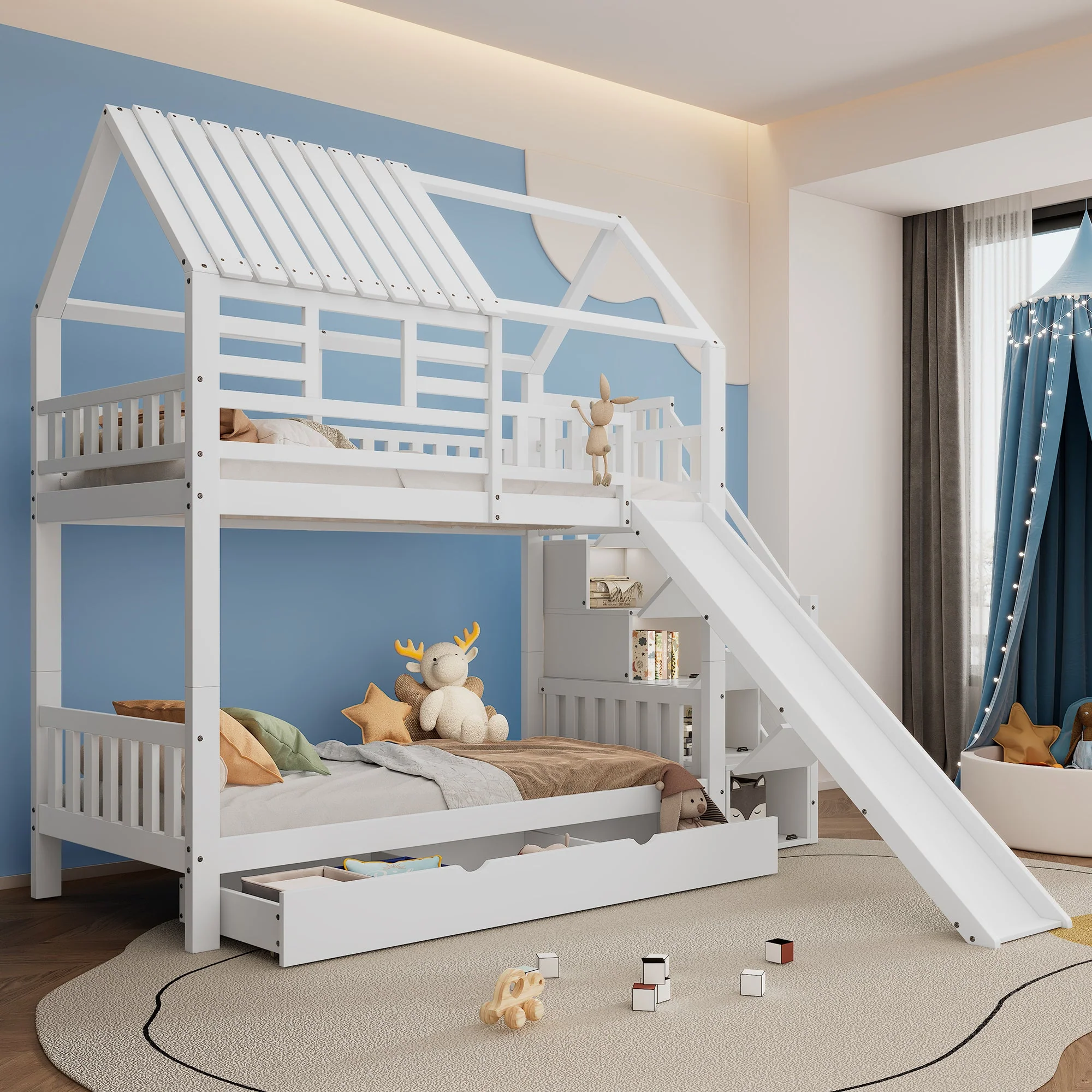 Bunk Bed, House Bed with Stairs, Slide, Storage, Safety Gate & Drawer, Pine/MDF, White - Image 2