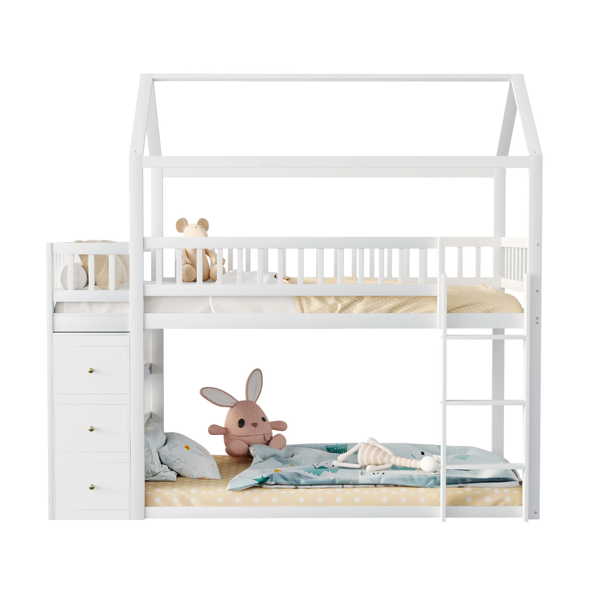 Bunk Bed, House Shape with Storage and Ladder, Solid Wood, White - Image 7