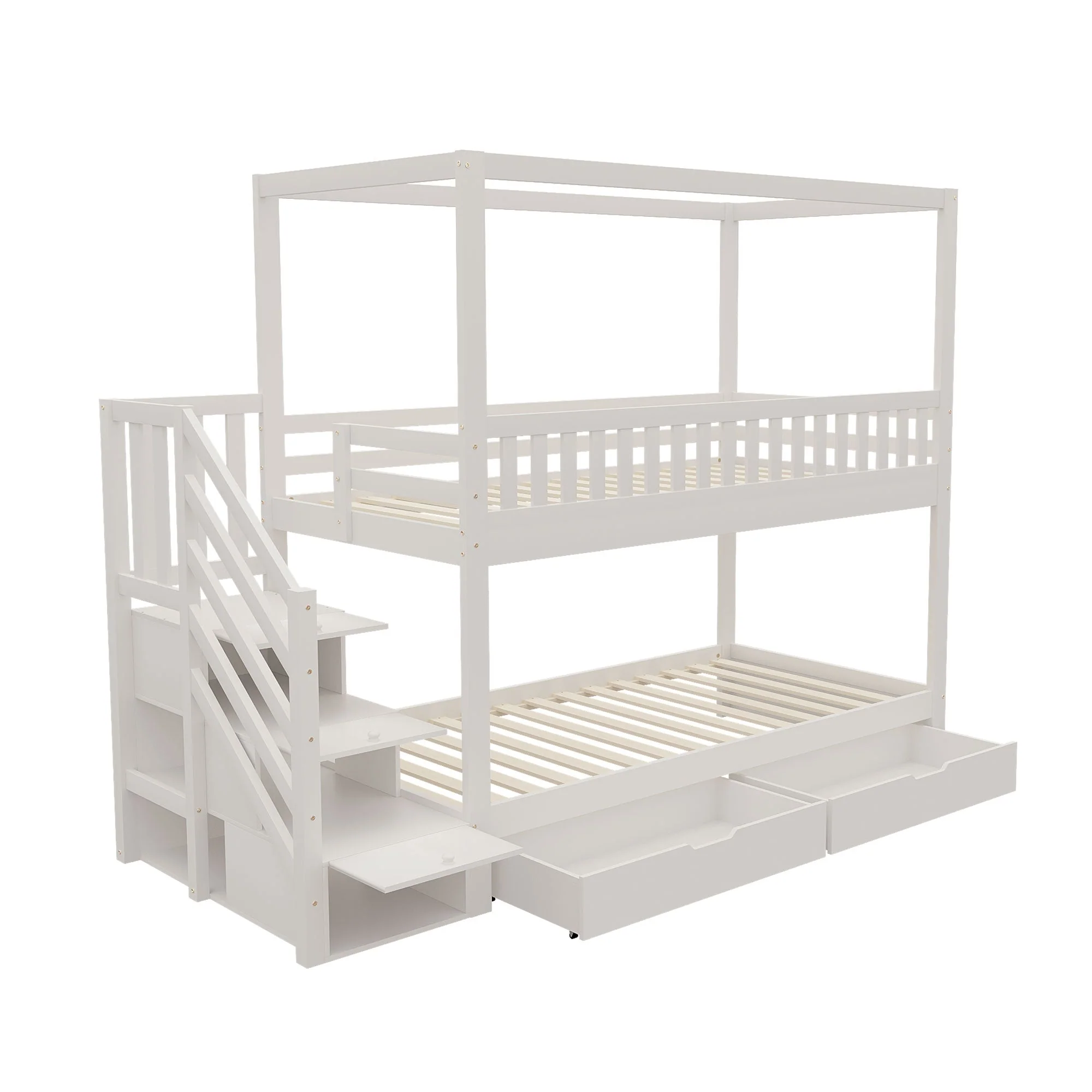 Bunk Bed, House-Shaped, Safety Railing, Storage, Solid Wood White - Image 10