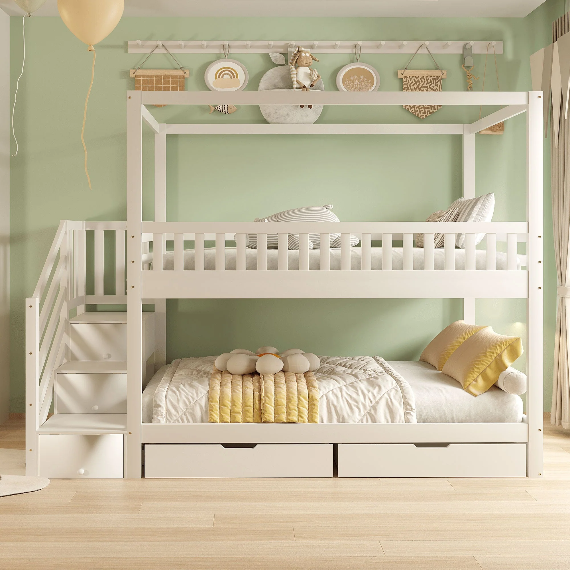 Bunk Bed, House-Shaped, Safety Railing, Storage, Solid Wood White - Image 2