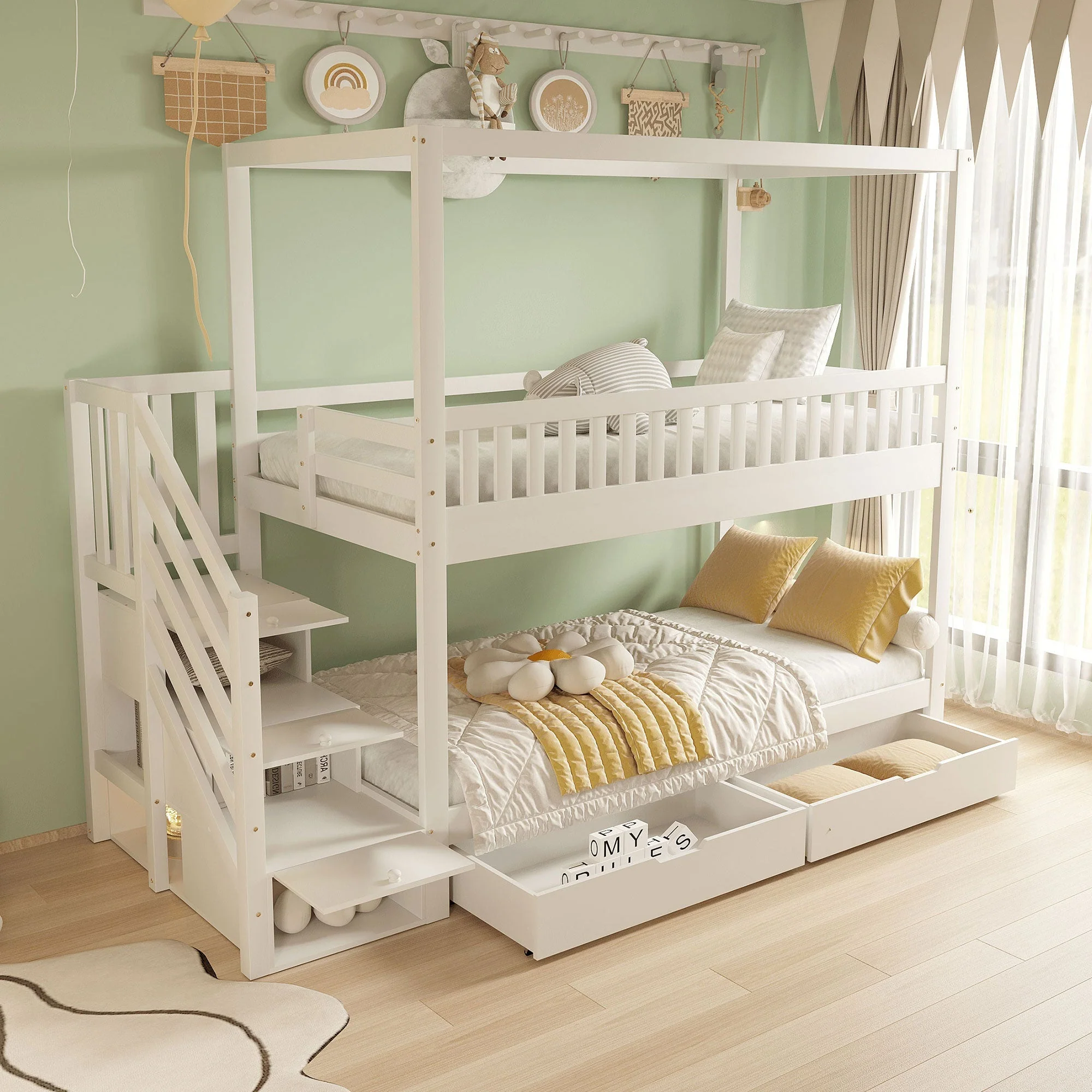 Bunk Bed, House-Shaped, Safety Railing, Storage, Solid Wood White - Image 3