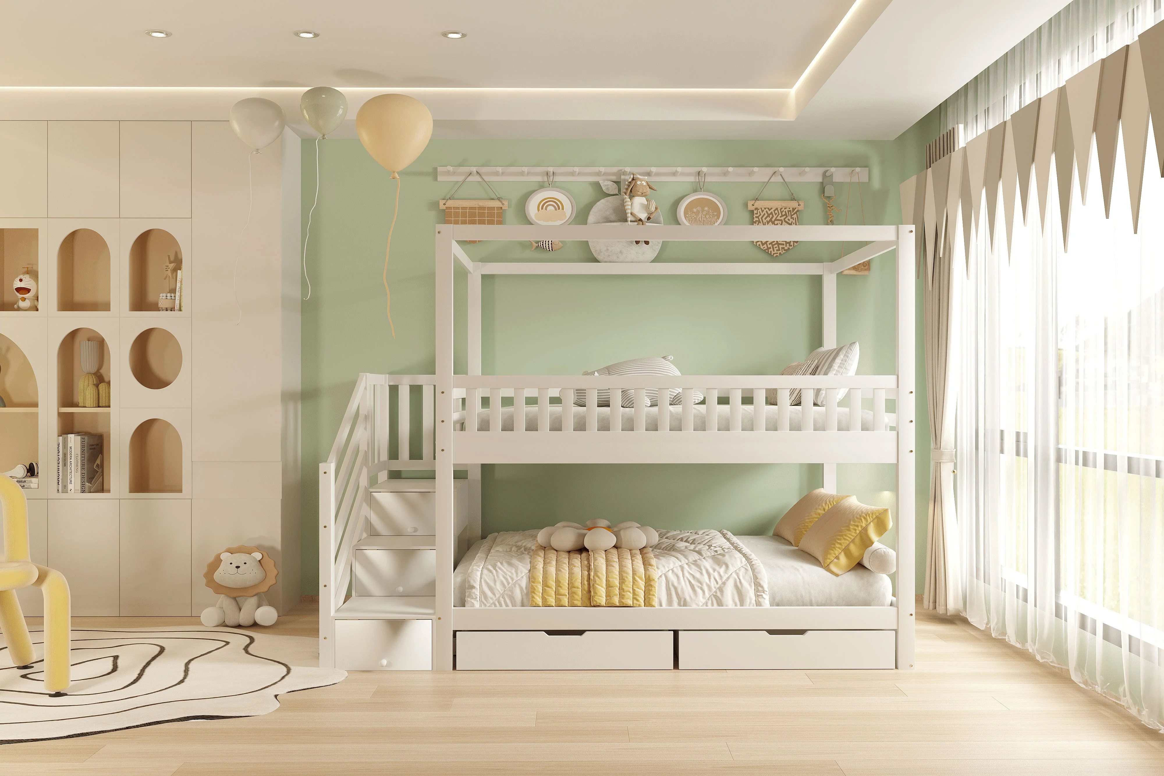 Bunk Bed, House-Shaped, Safety Railing, Storage, Solid Wood White - Image 5