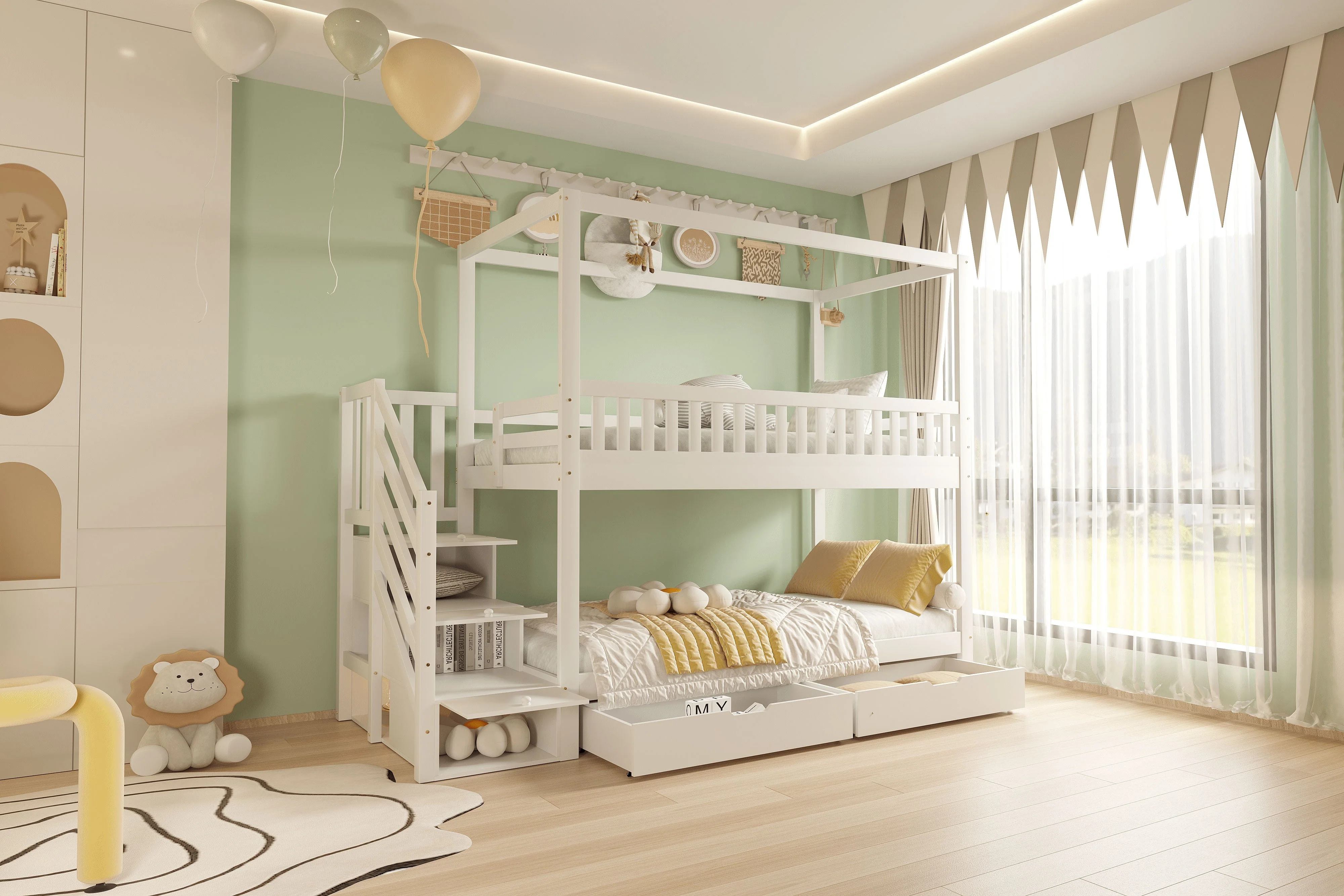 Bunk Bed, House-Shaped, Safety Railing, Storage, Solid Wood White - Image 6