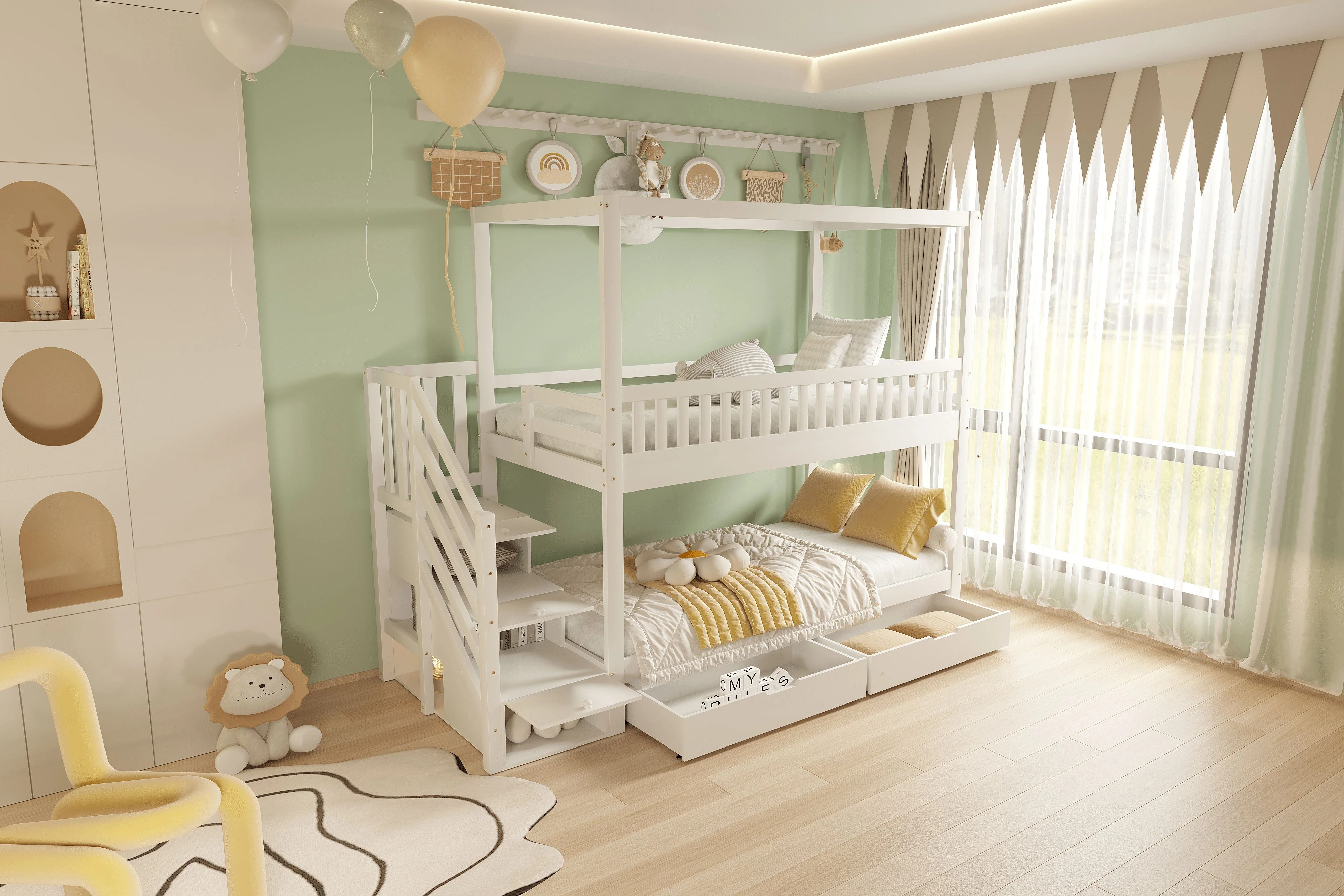 Bunk Bed, House-Shaped, Safety Railing, Storage, Solid Wood White - Image 7