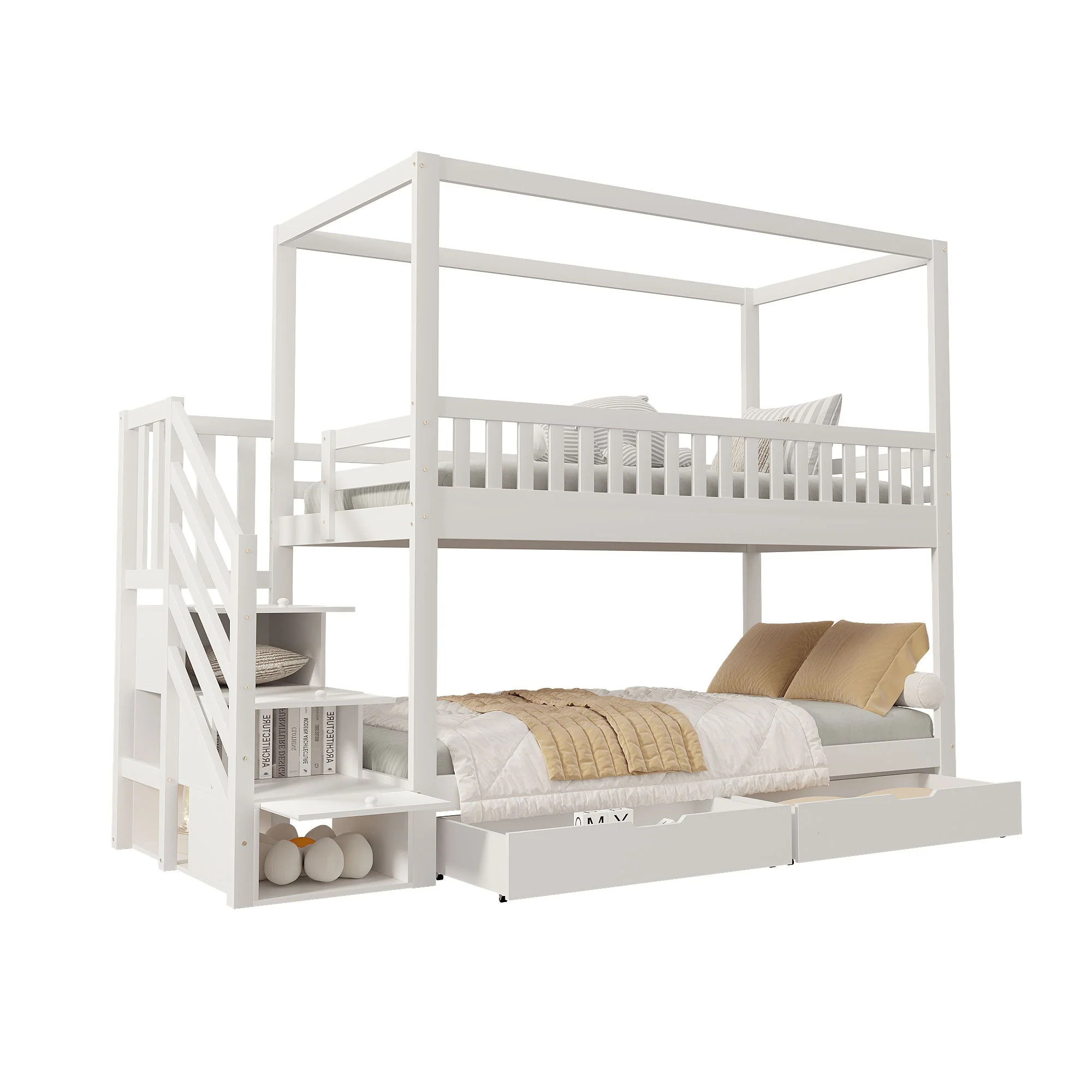 Bunk Bed, House-Shaped, Safety Railing, Storage, Solid Wood White - Image 8