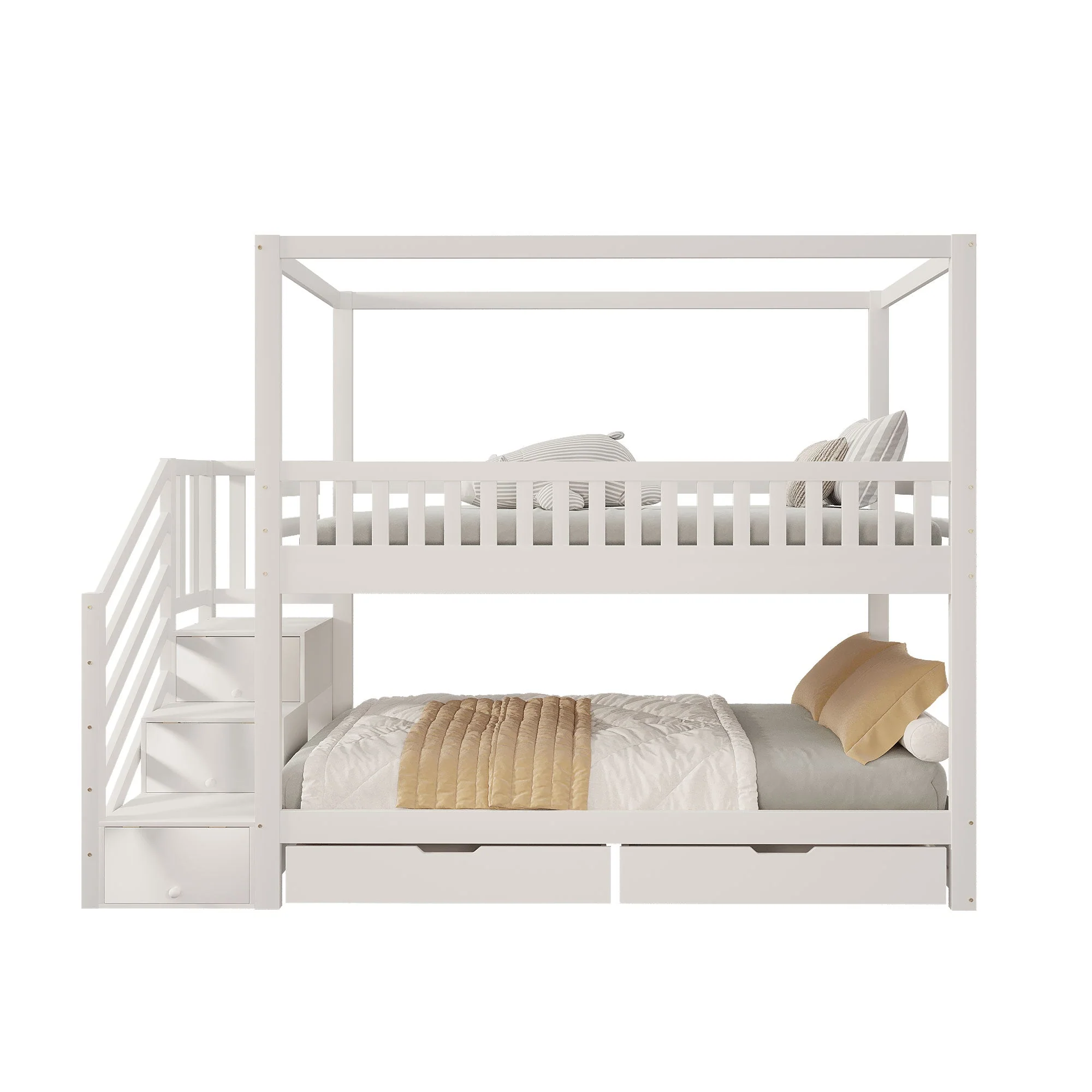 Bunk Bed, House-Shaped, Safety Railing, Storage, Solid Wood White - Image 9