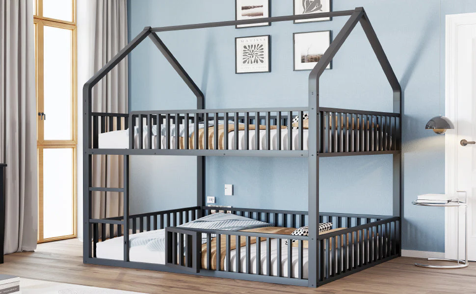 Bunk Bed, Loft Design with Stairs & Door, Black Metal - Image 4