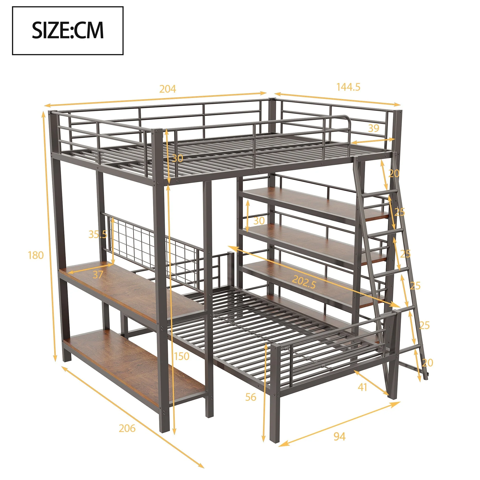 Bunk Bed Metal Frame Loft Bed 140*200 Multifunctional with Storage, Black - Image 5