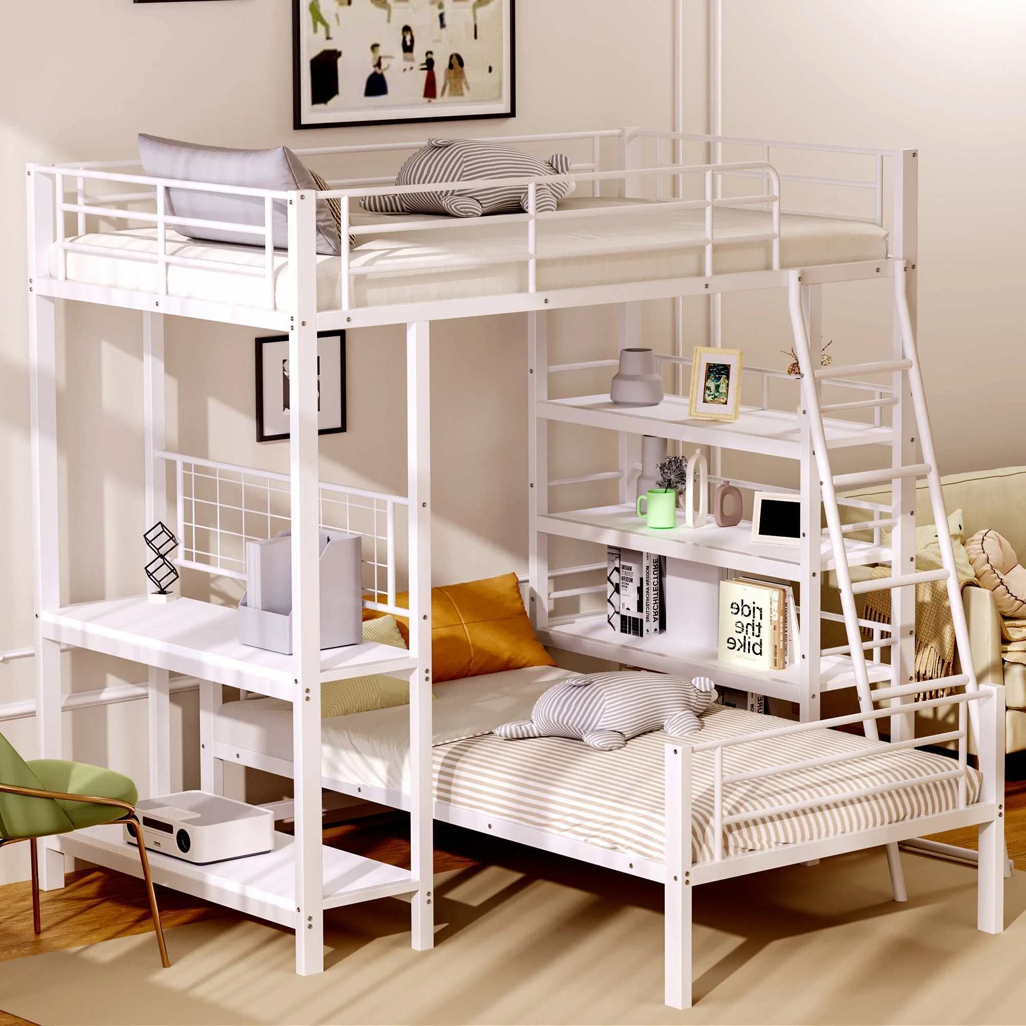 Bunk Bed, Metal Frame Loft with Storage, White - Image 2