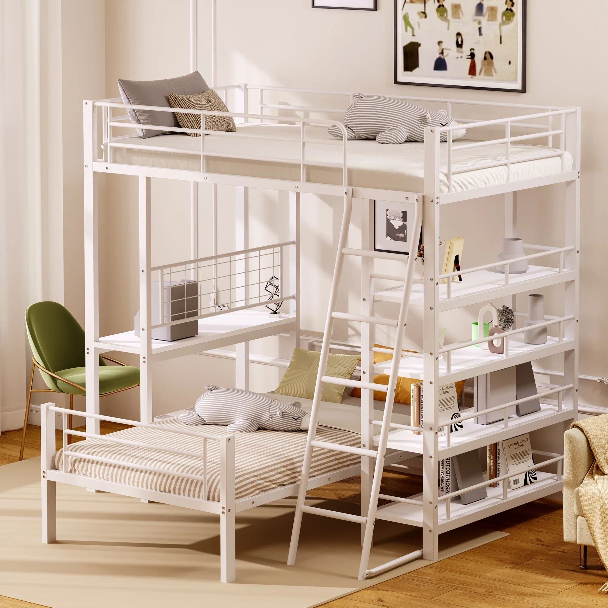Bunk Bed, Metal Frame Loft with Storage, White - Image 3