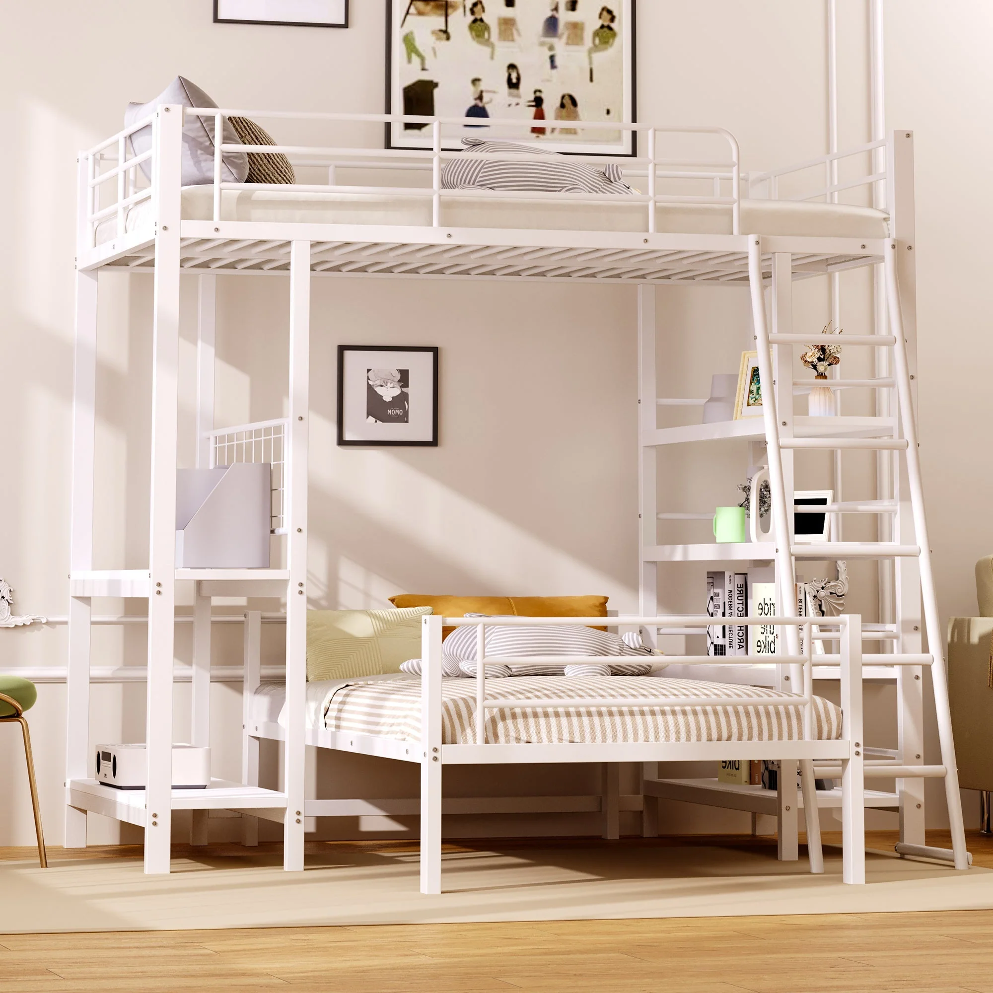 Bunk Bed, Metal Frame Loft with Storage, White - Image 4