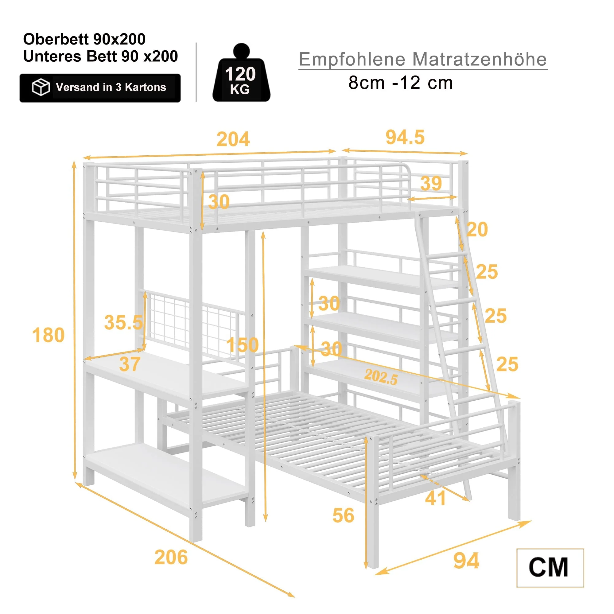 Bunk Bed, Metal Frame Loft with Storage, White - Image 5