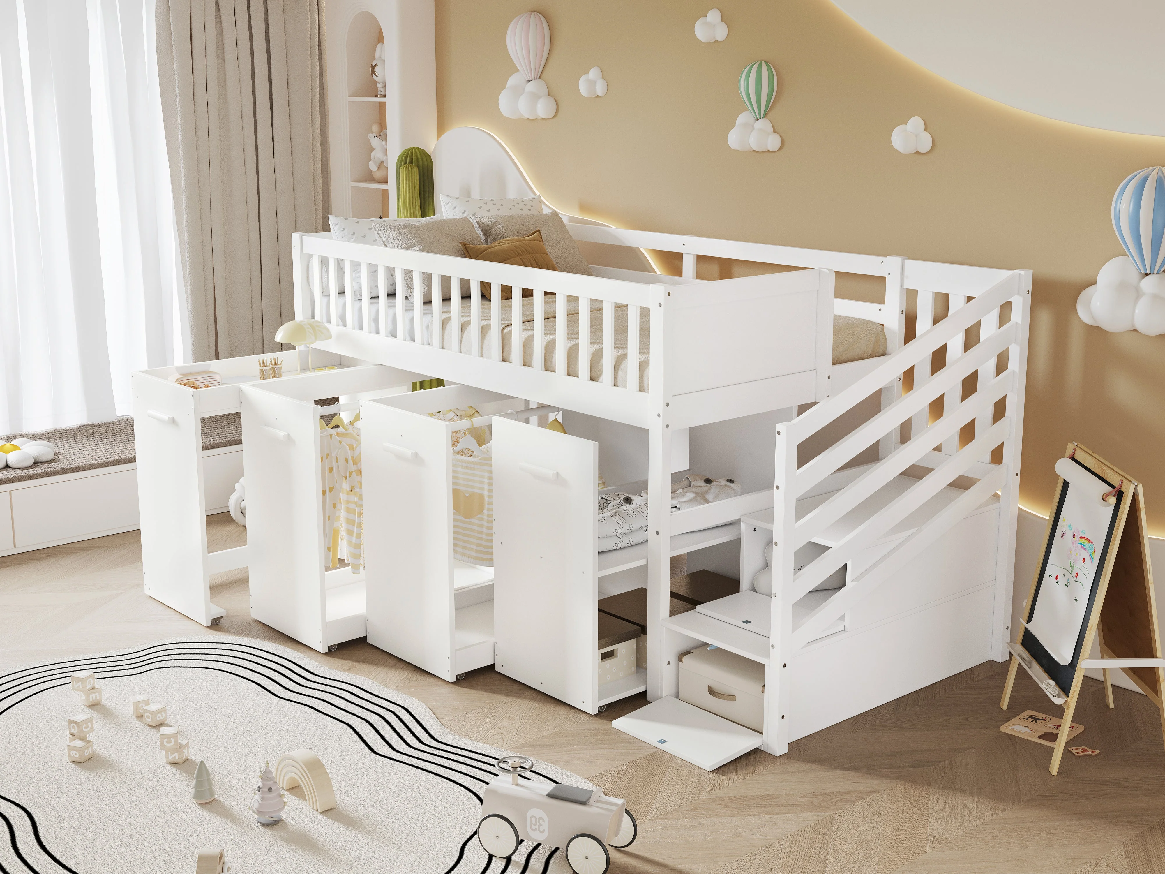Bunk Bed, Multifunctional Children's with Desk, Wardrobe, Lockers, Pine + MDF White - Image 8