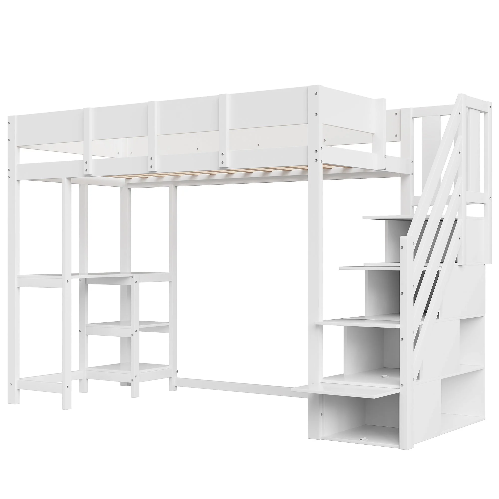 Bunk Bed, Multifunctional Loft with Storage & Shelf, Pine Wood, White - Image 10