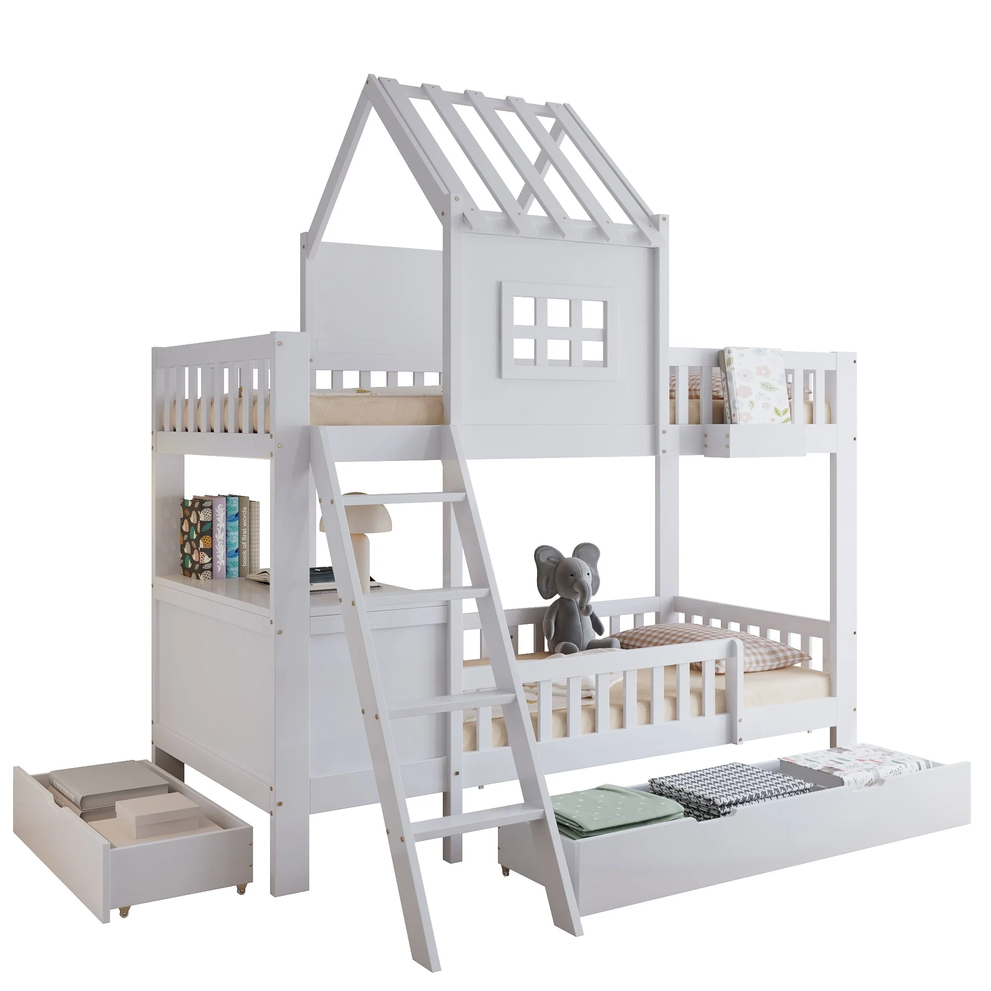 Bunk Bed, Roof & Window with Drawers, Reading Table, Storage Basket, Pine + MDF + Plywood, White - Image 10