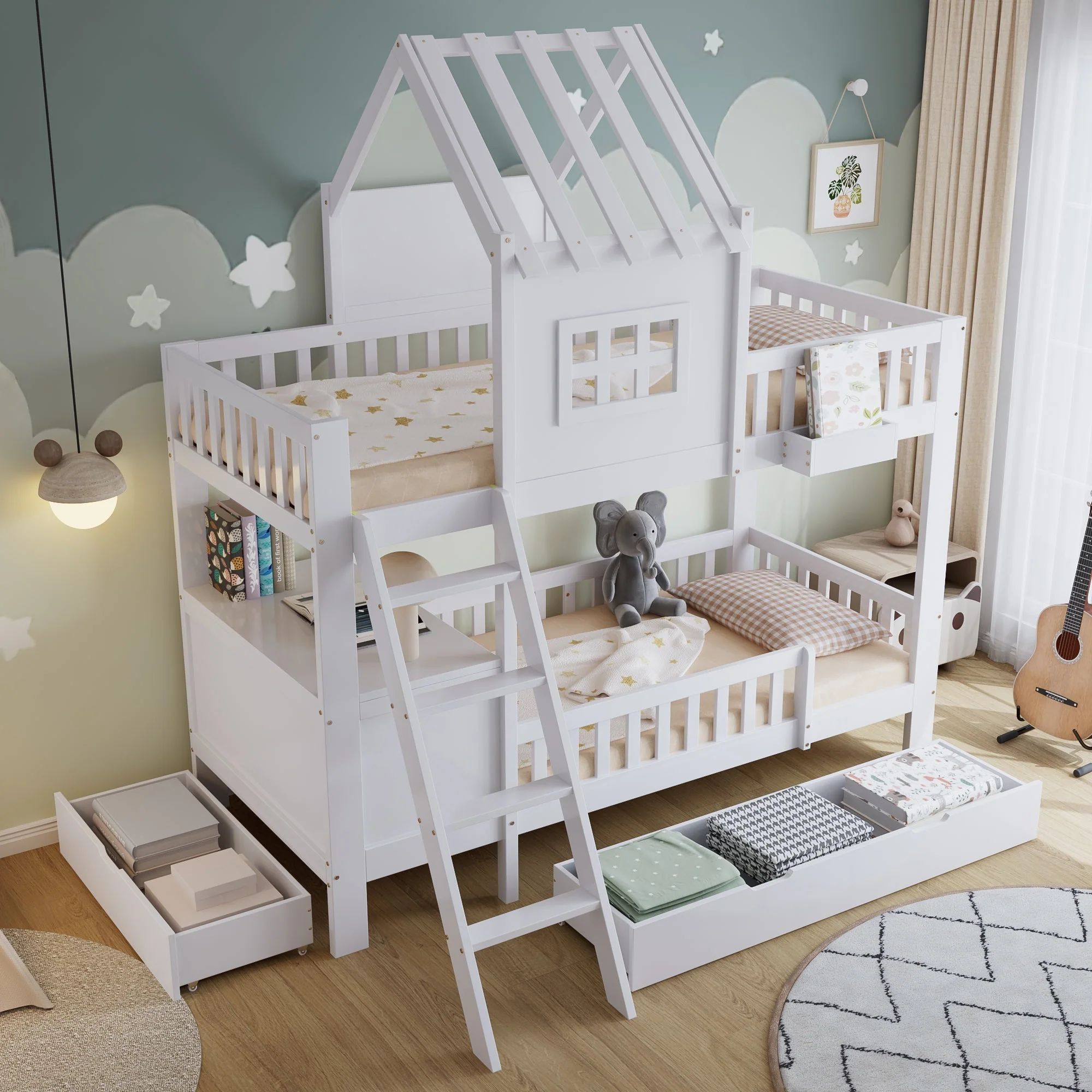 Bunk Bed, Roof & Window with Drawers, Reading Table, Storage Basket, Pine + MDF + Plywood, White - Image 2