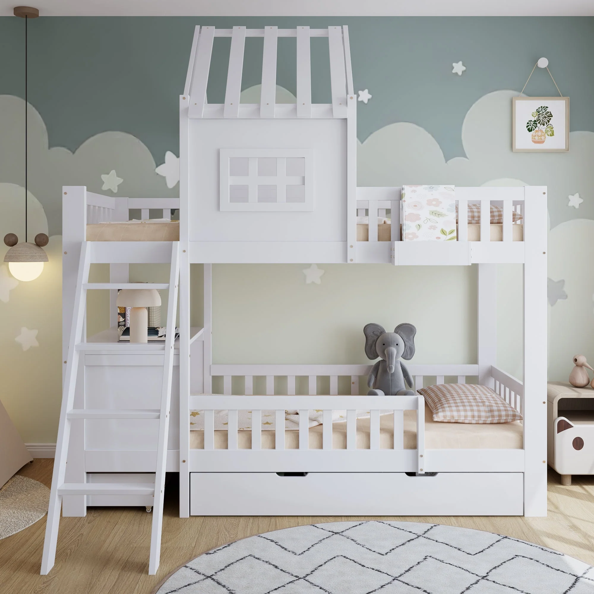 Bunk Bed, Roof & Window with Drawers, Reading Table, Storage Basket, Pine + MDF + Plywood, White - Image 3