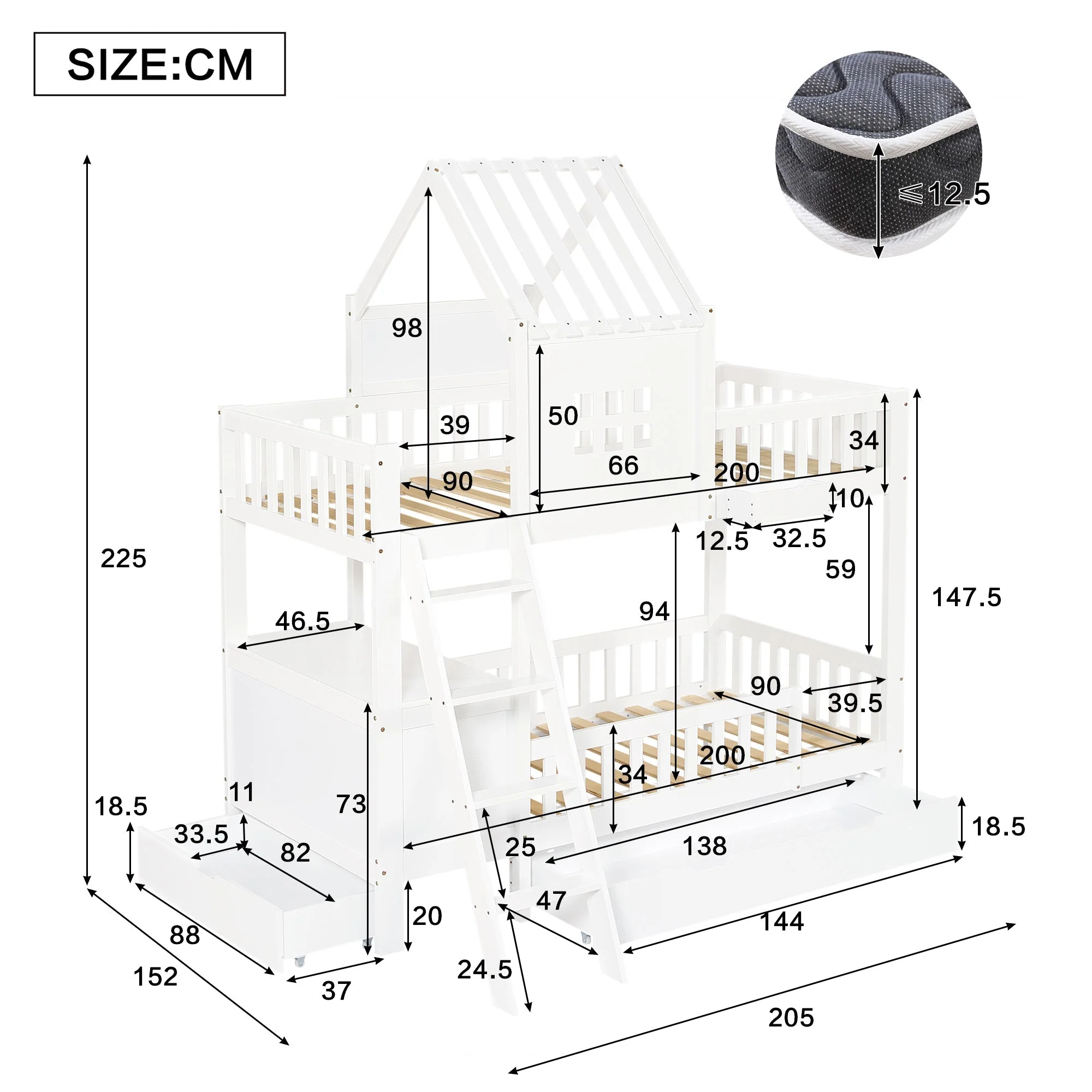 Bunk Bed, Roof & Window with Drawers, Reading Table, Storage Basket, Pine + MDF + Plywood, White - Image 4